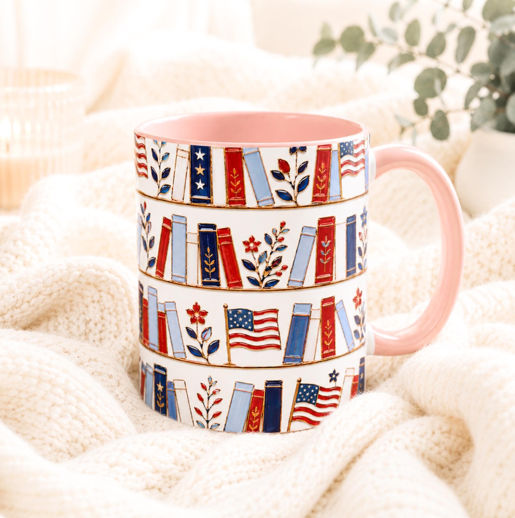 Patriotic Bookshelf Mug Faux Stained Glass American Flag Ceramic Coffee Cup