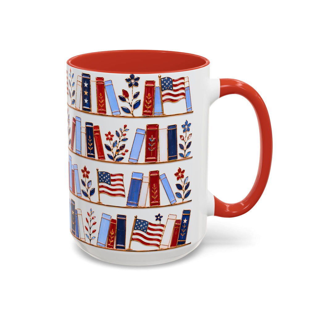 Patriotic Bookshelf Mug Faux Stained Glass American Flag Ceramic Coffee Cup