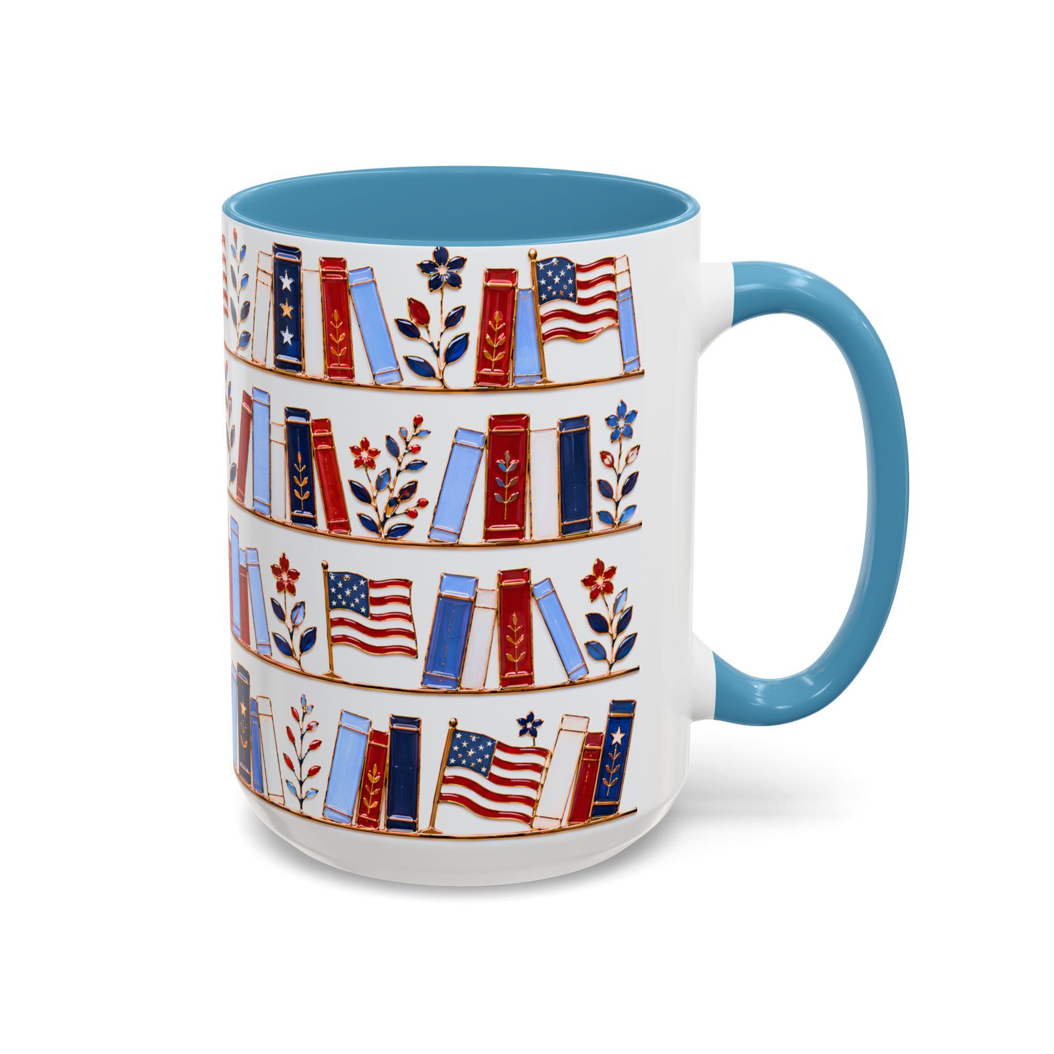 Patriotic Bookshelf Mug Faux Stained Glass American Flag Ceramic Coffee Cup