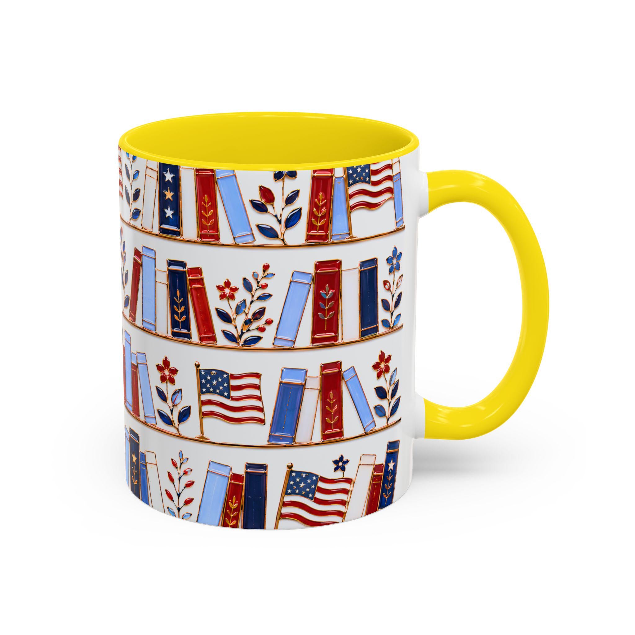 Patriotic Bookshelf Mug Faux Stained Glass American Flag Ceramic Coffee Cup