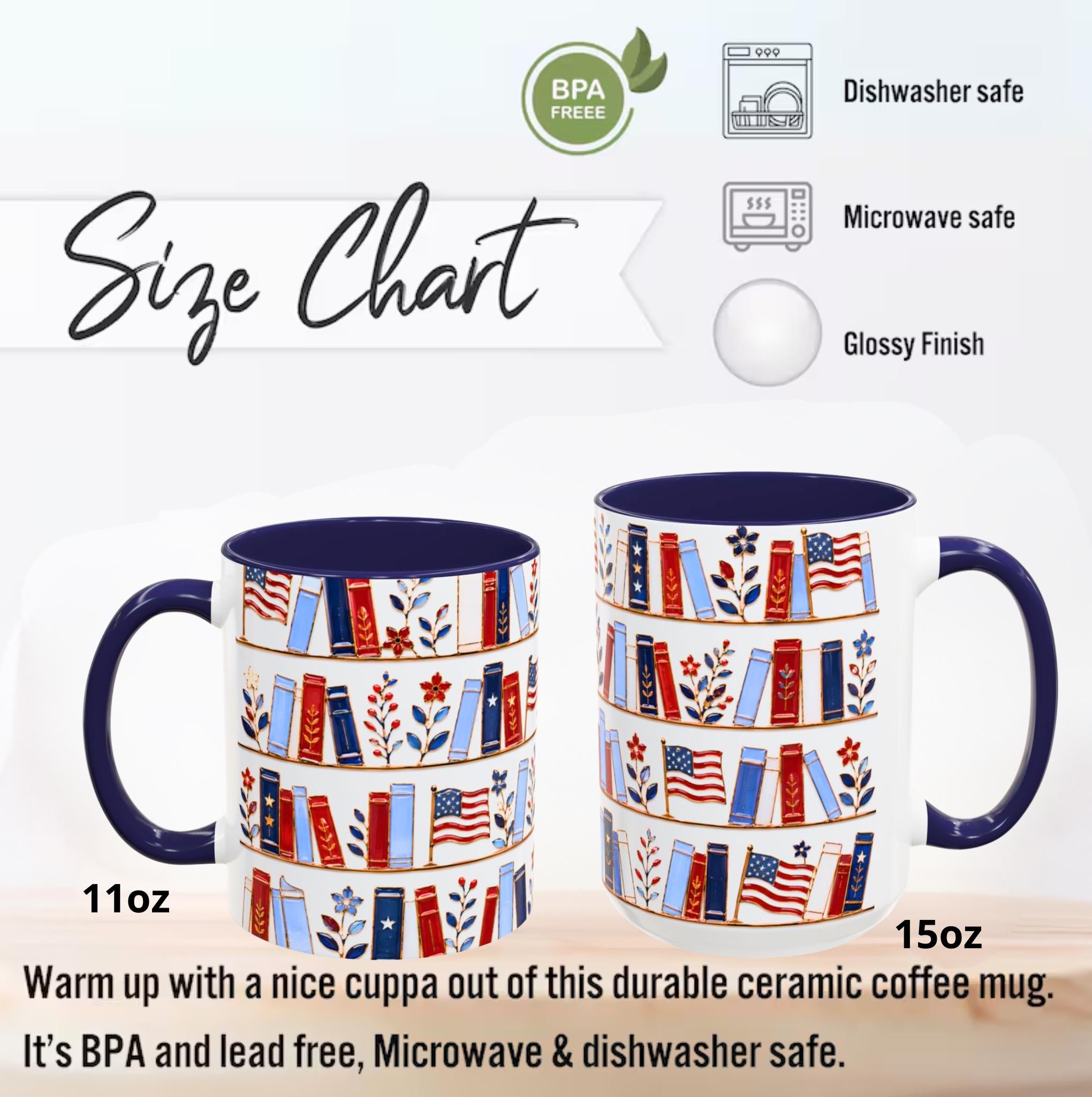 Patriotic Bookshelf Mug Faux Stained Glass American Flag Ceramic Coffee Cup