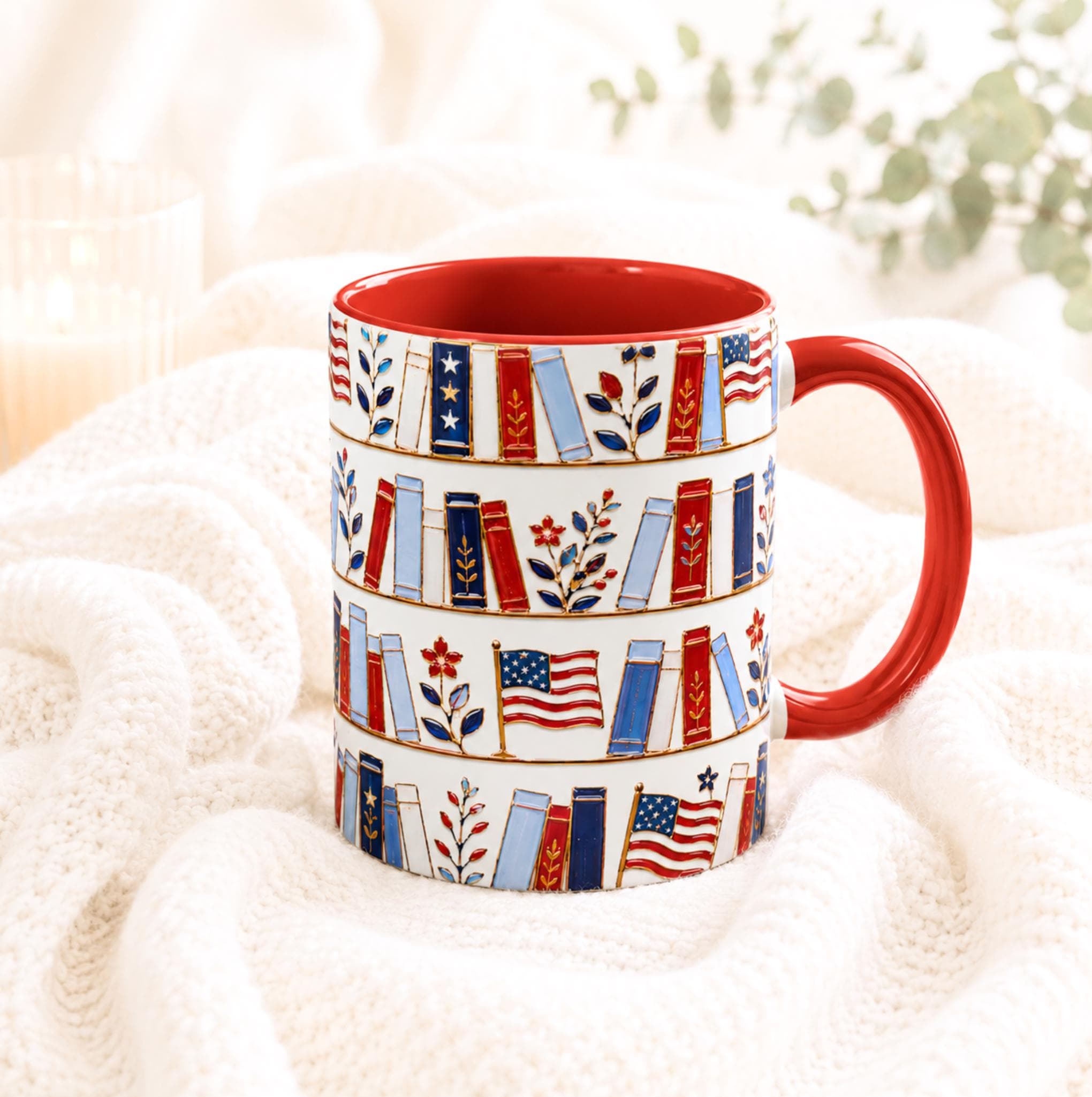 Patriotic Bookshelf Mug Faux Stained Glass American Flag Ceramic Coffee Cup