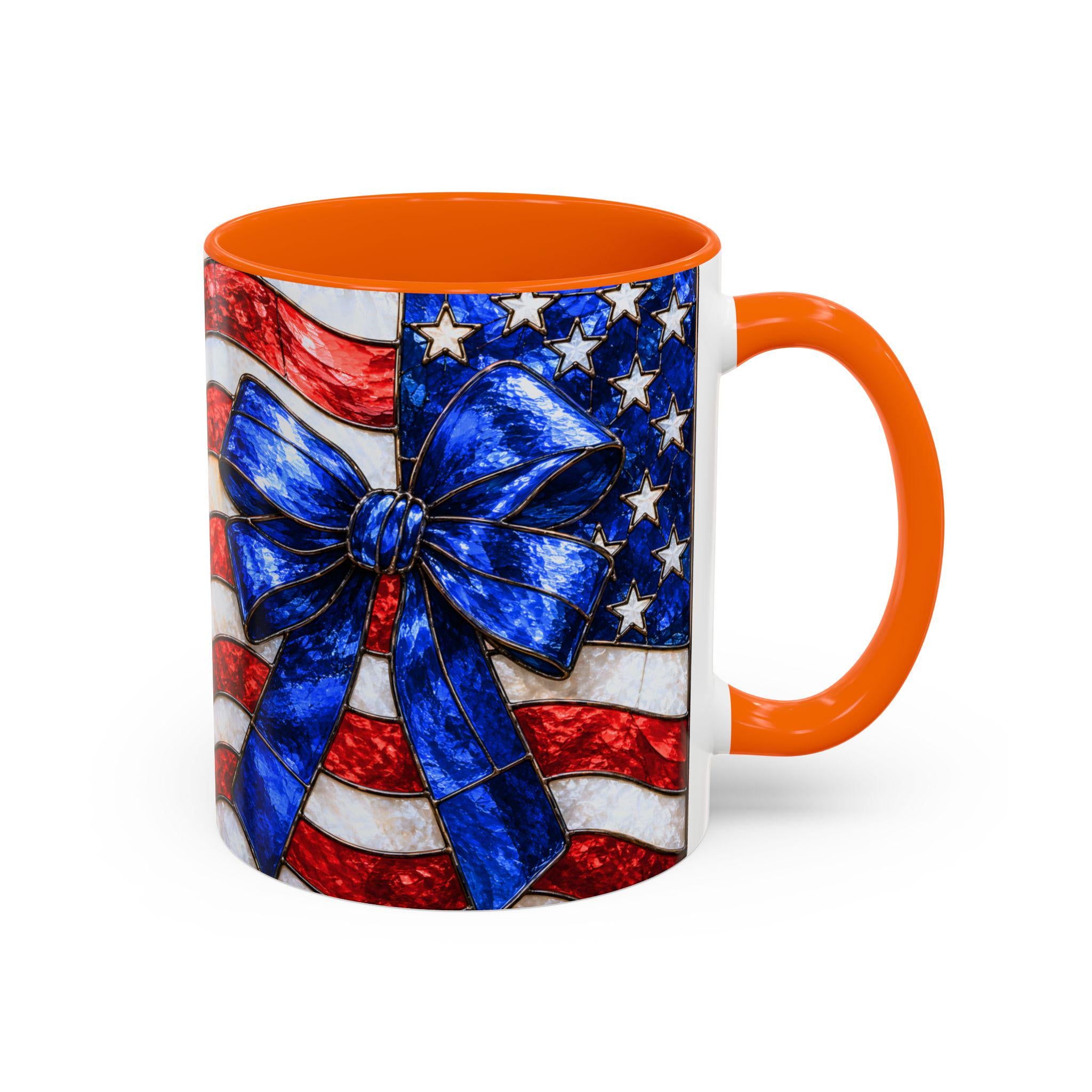 LELORESTORE Stained Glass Style American Flag Mug Patriotic Bow Coffee Cup 11oz