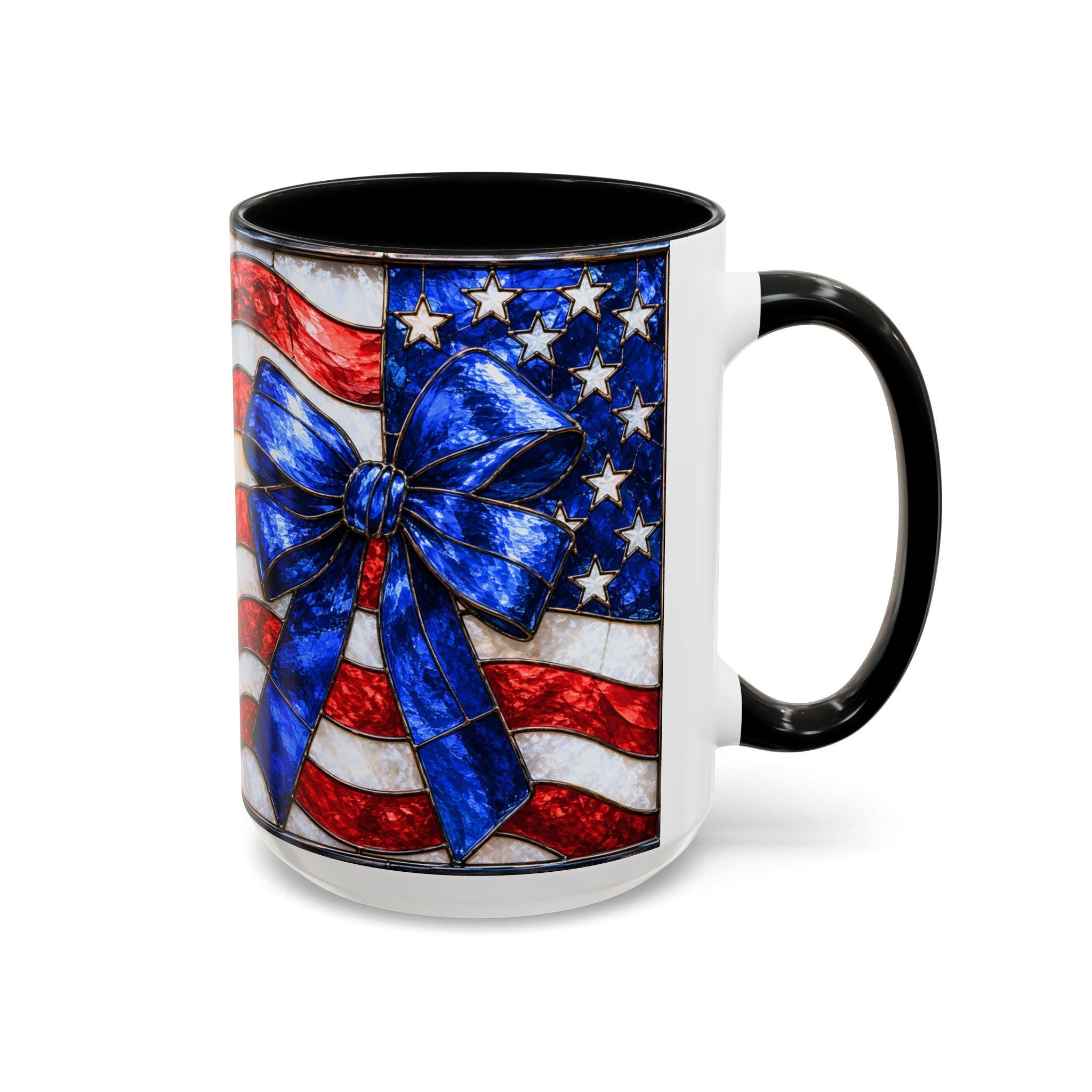 LELORESTORE Stained Glass Style American Flag Mug Patriotic Bow Coffee Cup 11oz