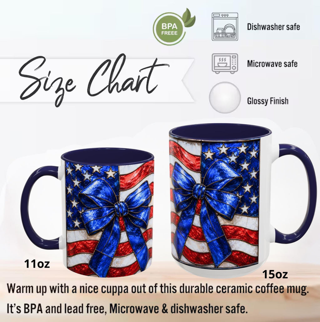 LELORESTORE Stained Glass Style American Flag Mug Patriotic Bow Coffee Cup 11oz