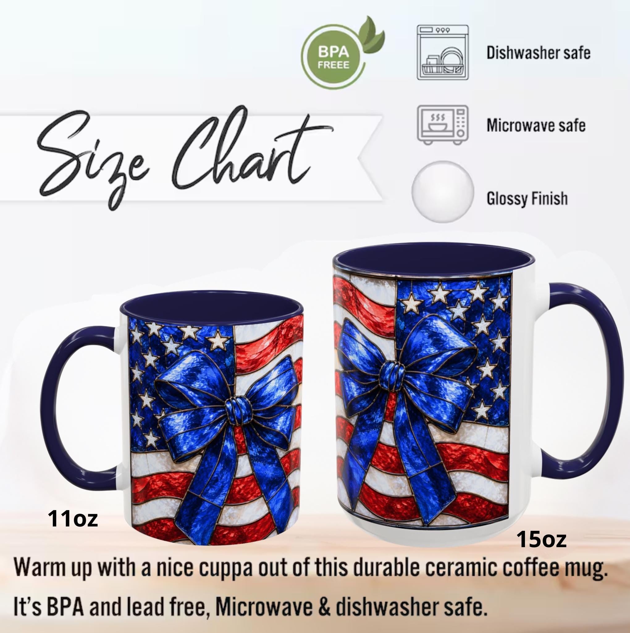 LELORESTORE Stained Glass Style American Flag Mug Patriotic Bow Coffee Cup 11oz