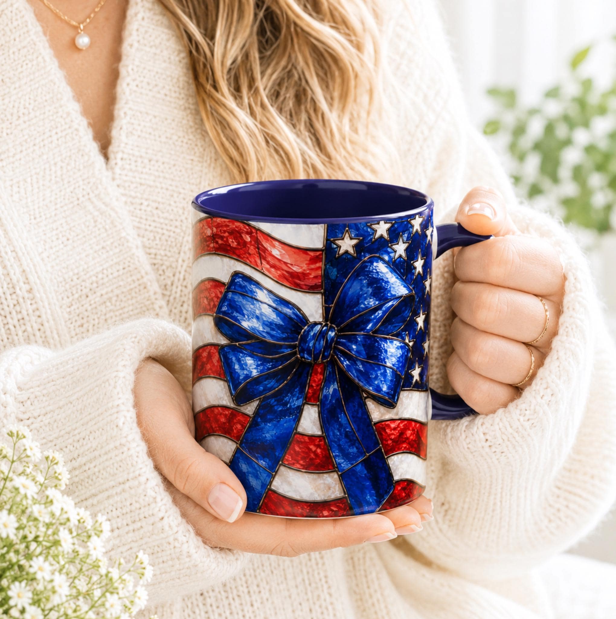 LELORESTORE Stained Glass Style American Flag Mug Patriotic Bow Coffee Cup 11oz