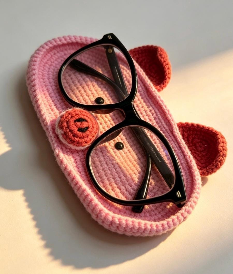 CrochetRecipe Handmade Piggy Bear Crochet Eyeglass Holder Stand Brown