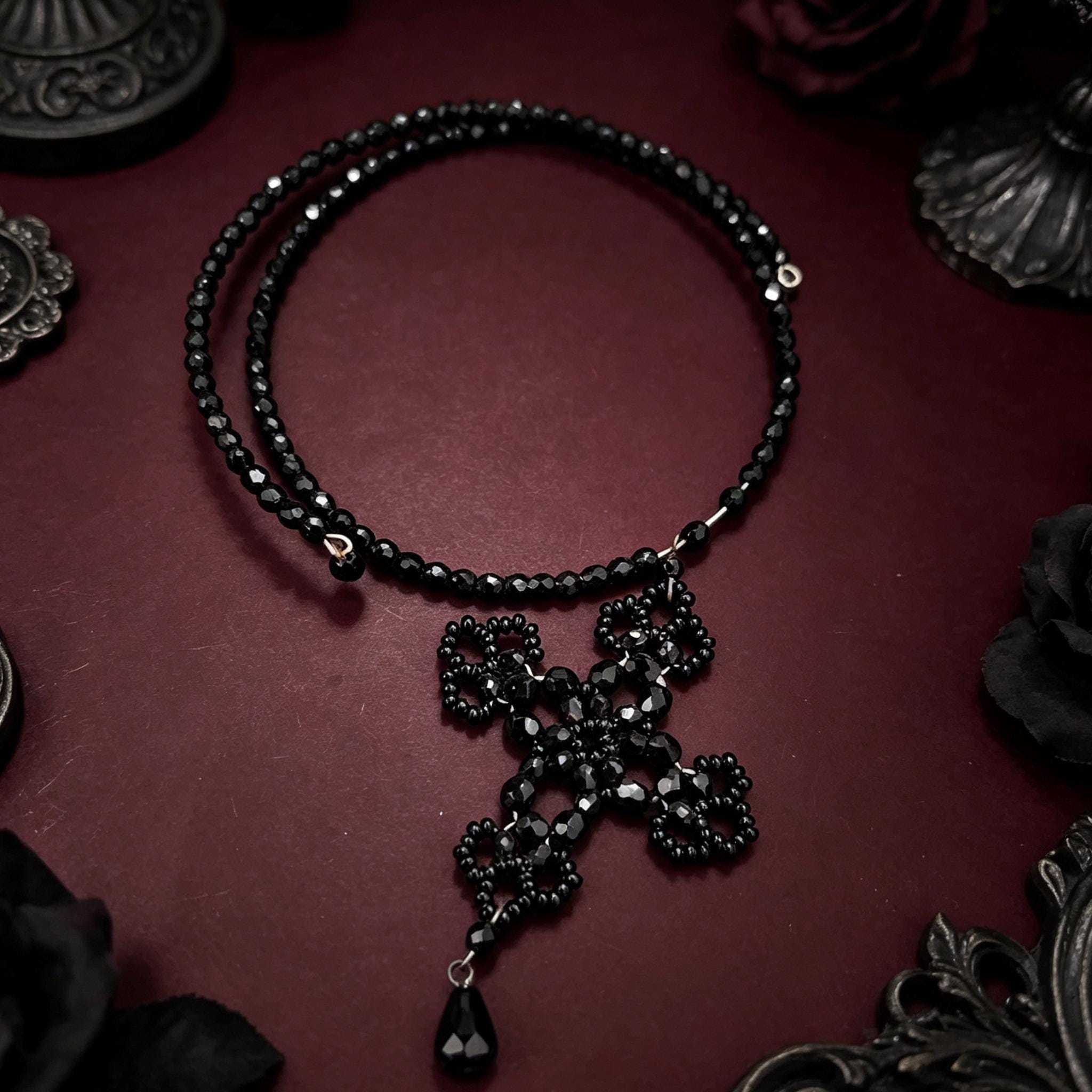 MourningGardenStudio Gothic Cross Necklace Hand Beaded Black Crystal Choker