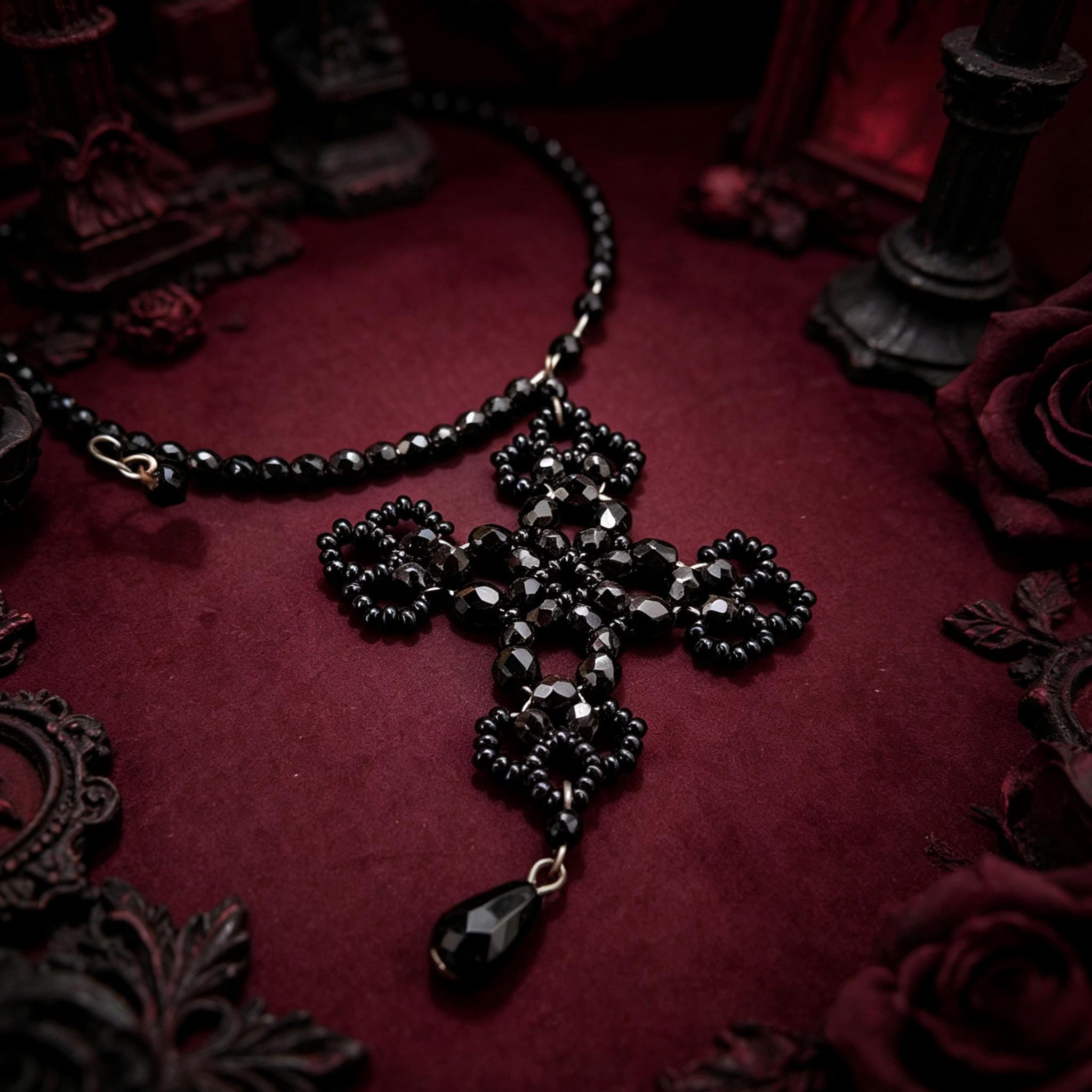 MourningGardenStudio Gothic Cross Necklace Hand Beaded Black Crystal Choker