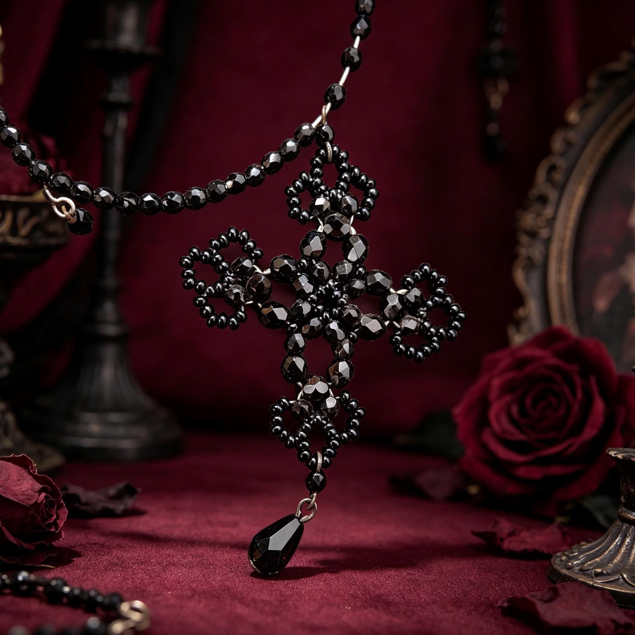 MourningGardenStudio Gothic Cross Necklace Hand Beaded Black Crystal Choker