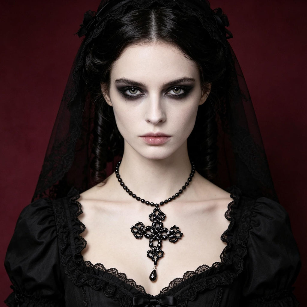 MourningGardenStudio Gothic Cross Necklace Hand Beaded Black Crystal Choker