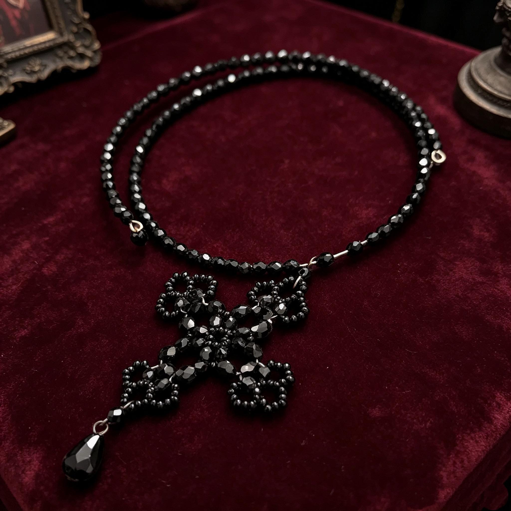 MourningGardenStudio Gothic Cross Necklace Hand Beaded Black Crystal Choker