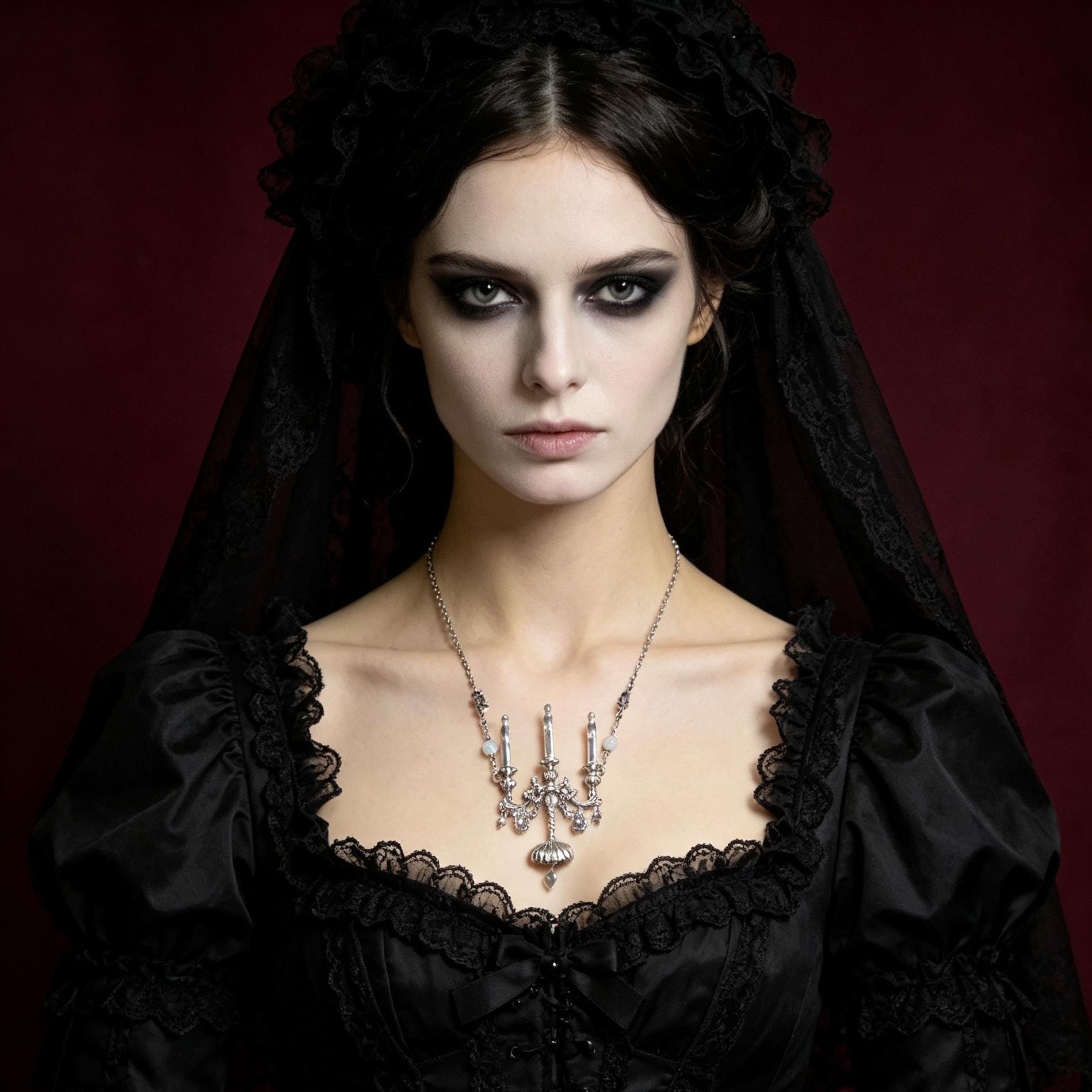 Gothic Candelabra Necklace Antique Brass Crystal Pendant For Victorian Mourning Style