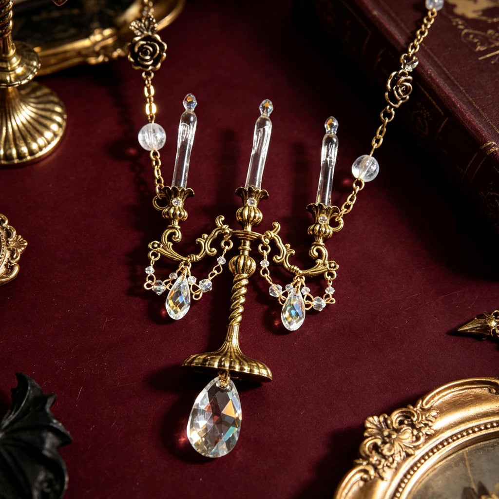 Gothic Candelabra Necklace Antique Brass Crystal Pendant For Victorian Mourning Style