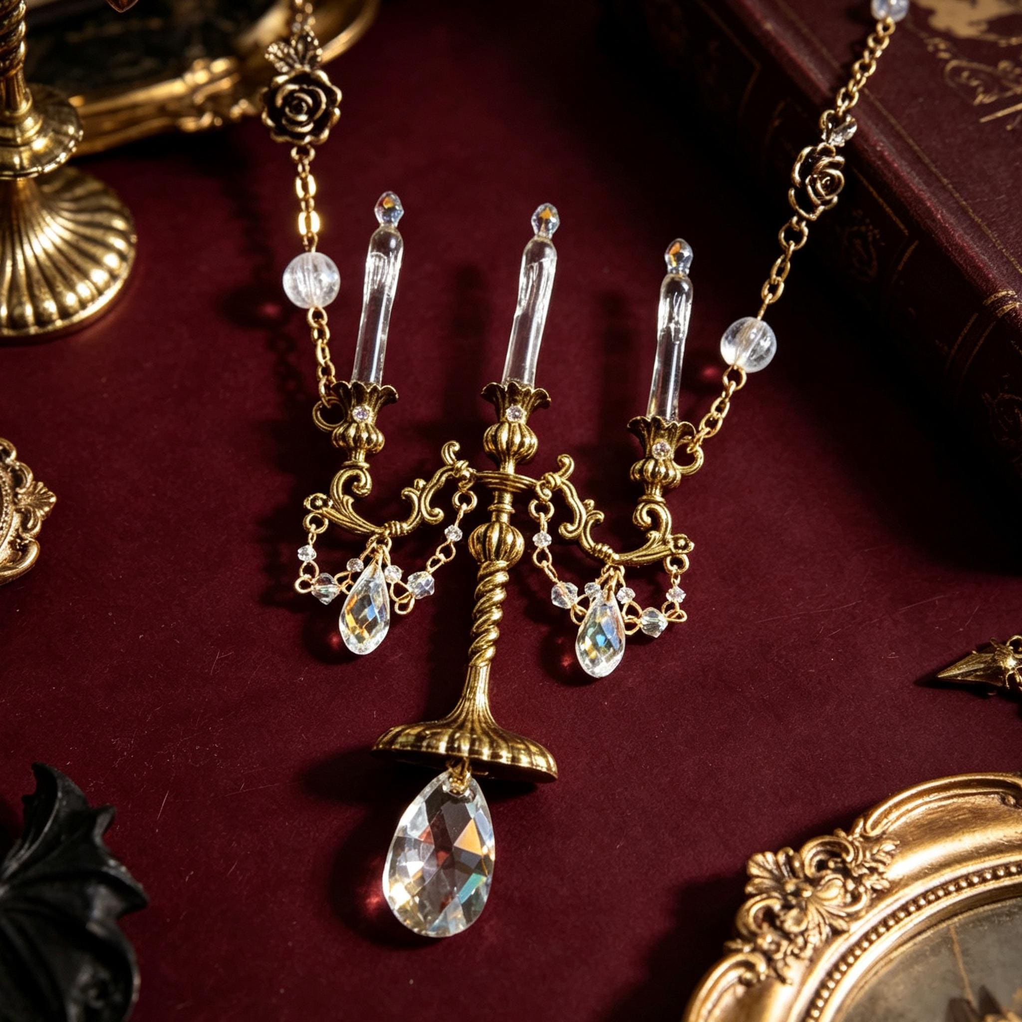 Gothic Candelabra Necklace Antique Brass Crystal Pendant For Victorian Mourning Style