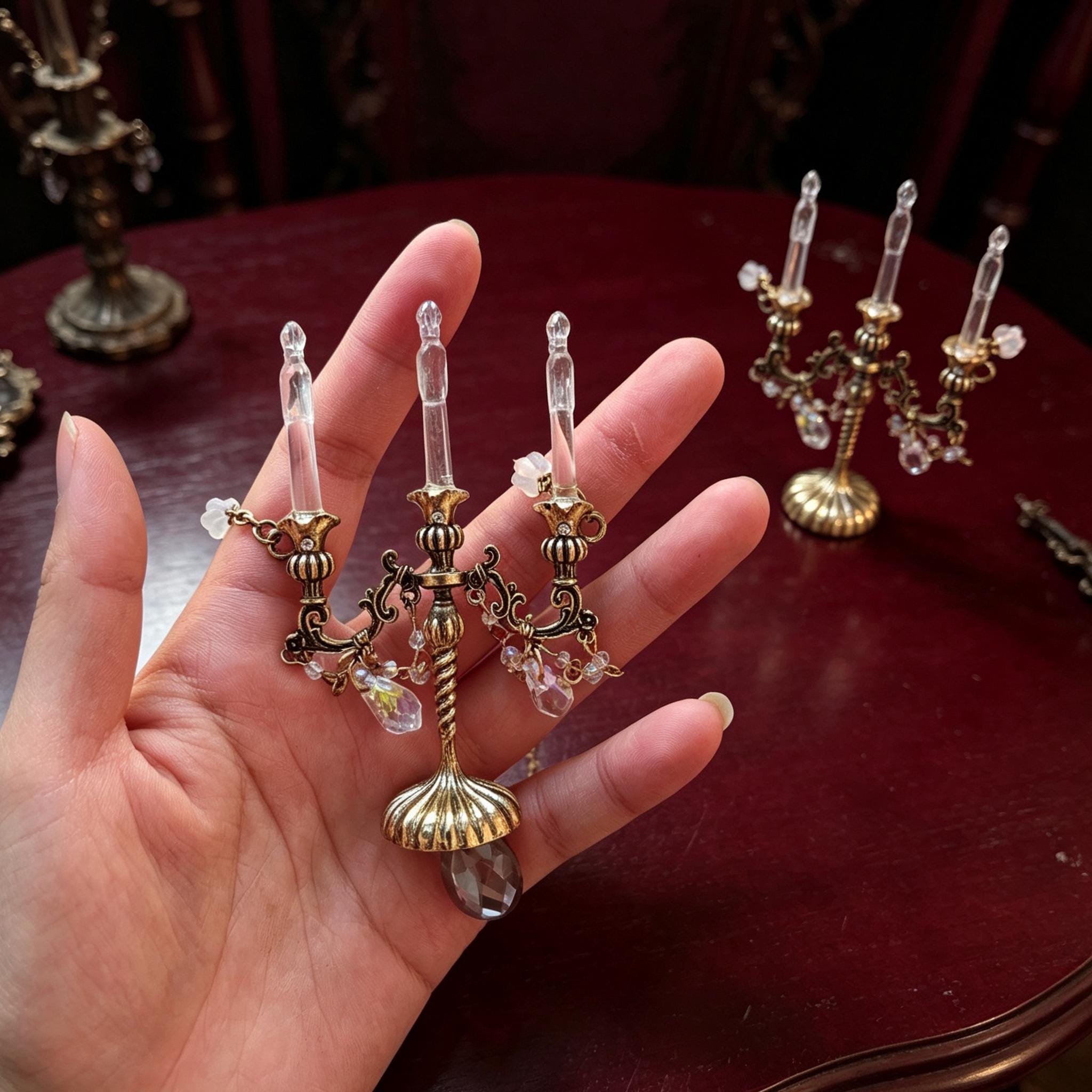 Gothic Candelabra Necklace Antique Brass Crystal Pendant For Victorian Mourning Style