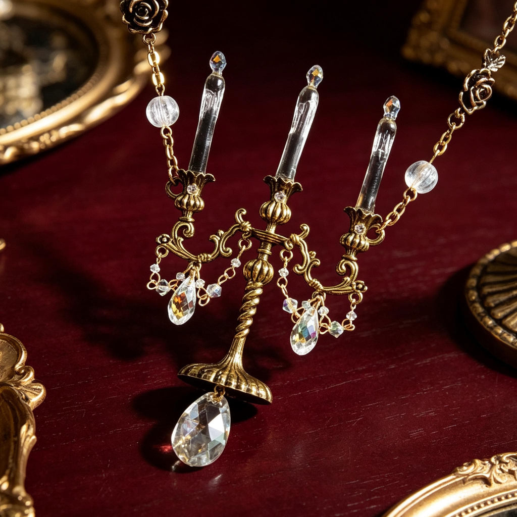 Gothic Candelabra Necklace Antique Brass Crystal Pendant For Victorian Mourning Style