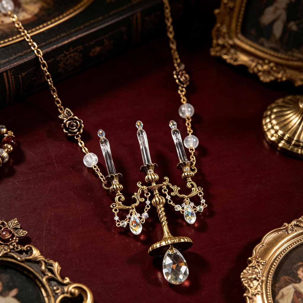 Gothic Candelabra Necklace Antique Brass Crystal Pendant For Victorian Mourning Style