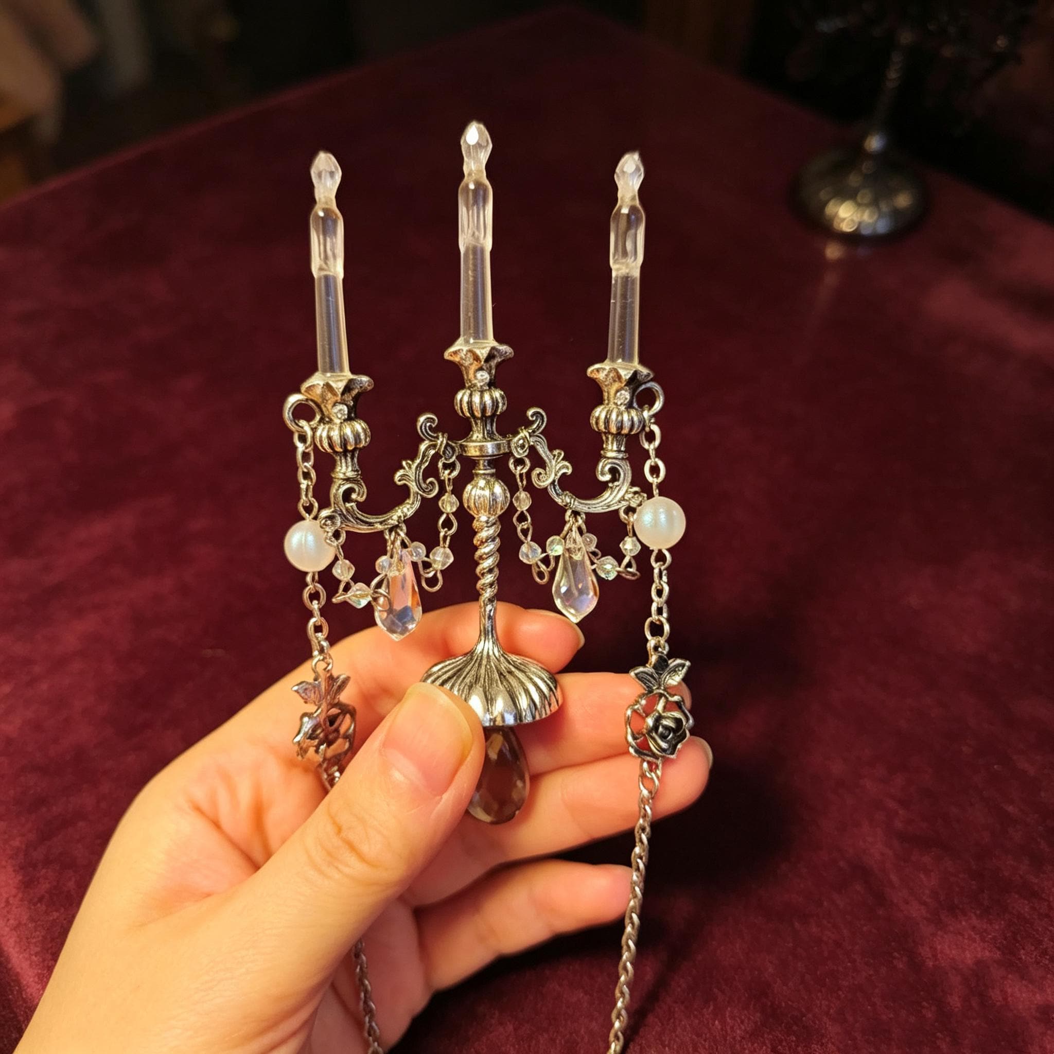 Gothic Candelabra Necklace Antique Brass Crystal Pendant For Victorian Mourning Style