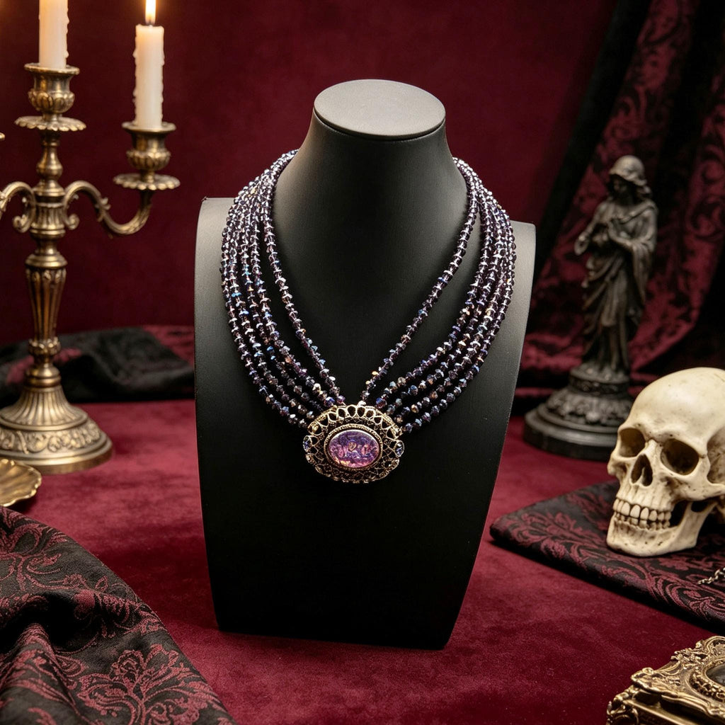 Victorian Widow Gothic Necklace Purple Crystal Opal Pendant For Duchess Style