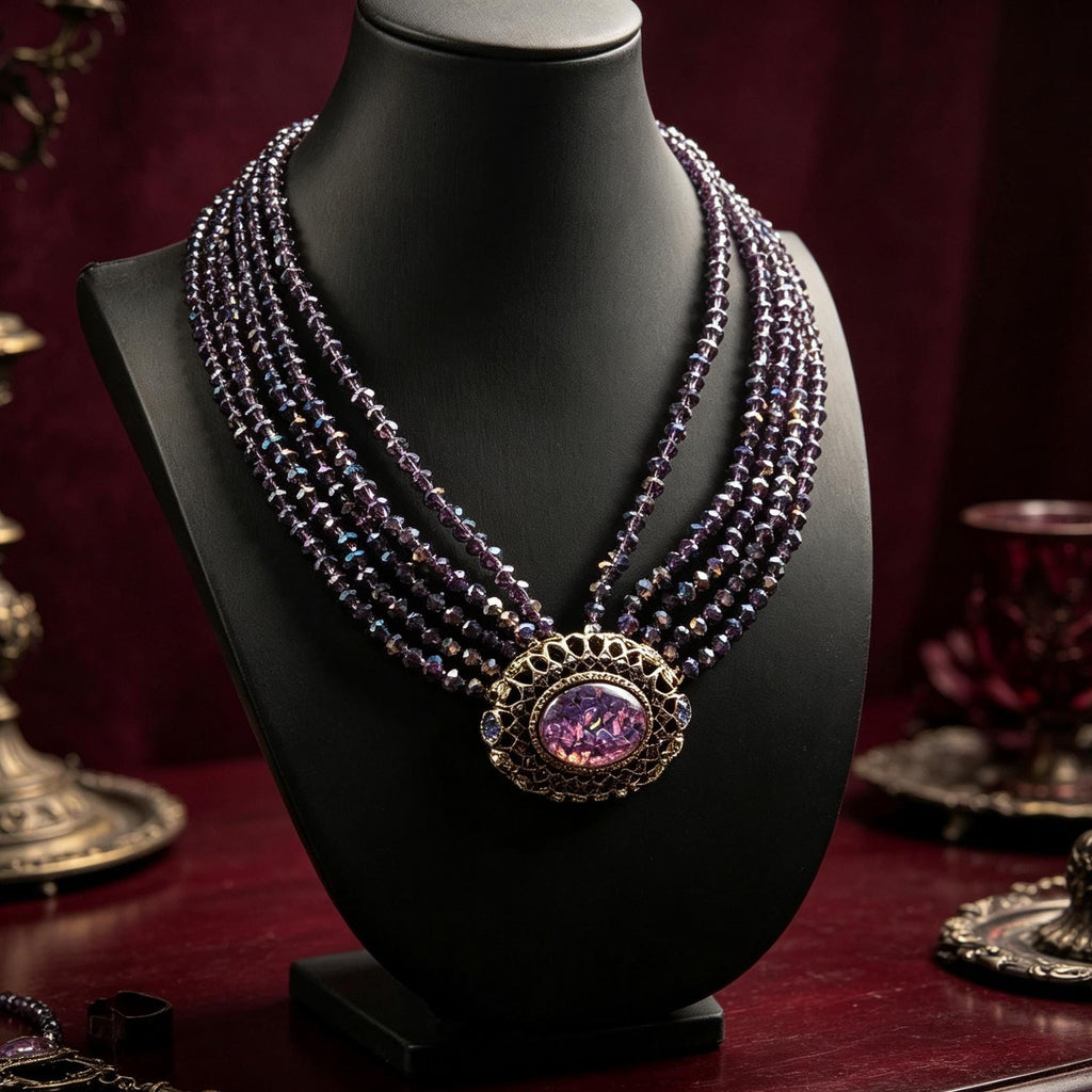 Victorian Widow Gothic Necklace Purple Crystal Opal Pendant For Duchess Style
