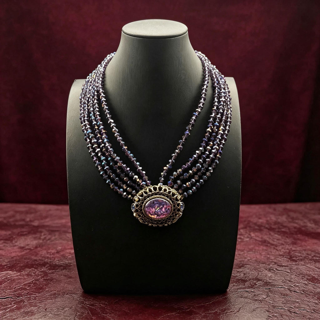 Victorian Widow Gothic Necklace Purple Crystal Opal Pendant For Duchess Style