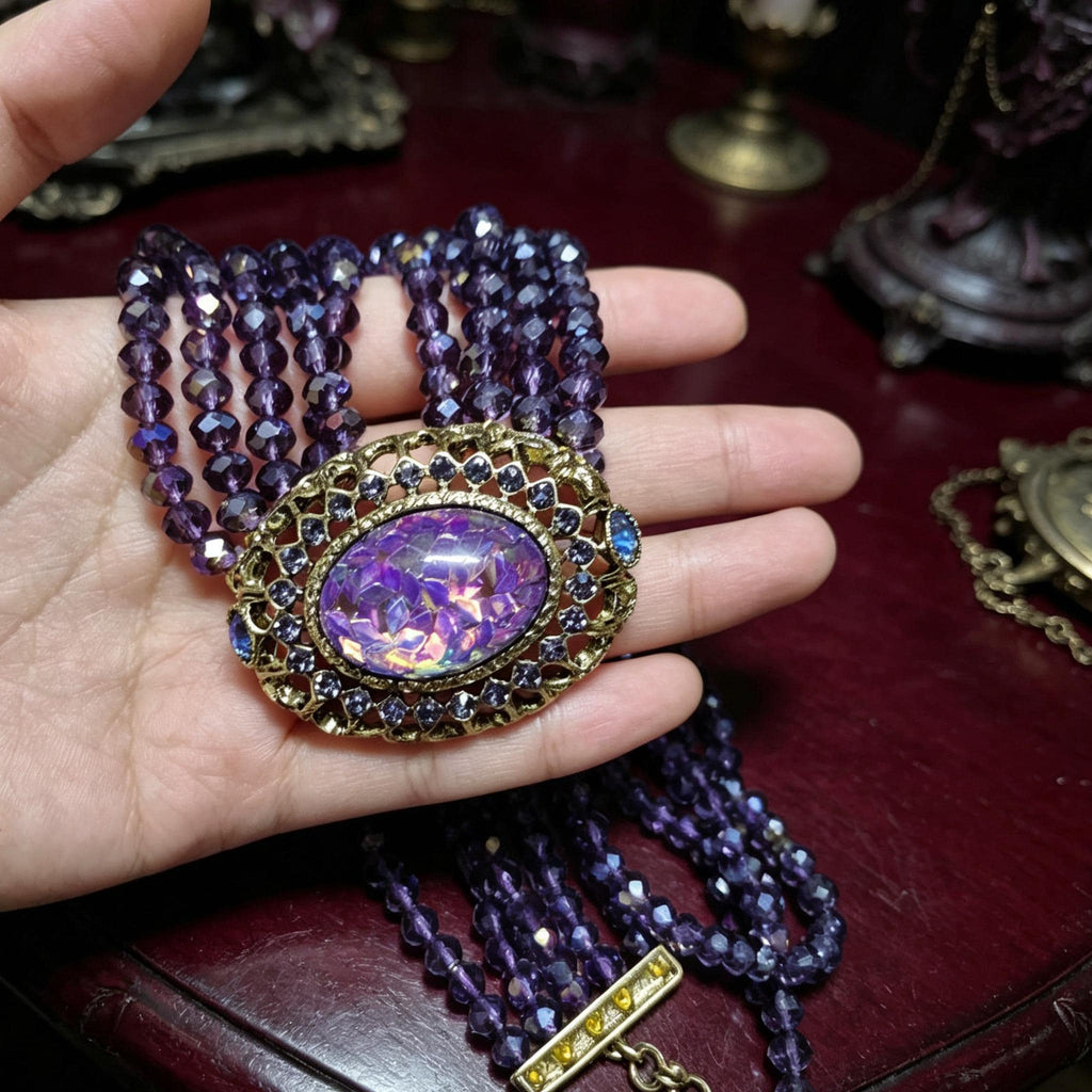 Victorian Widow Gothic Necklace Purple Crystal Opal Pendant For Duchess Style