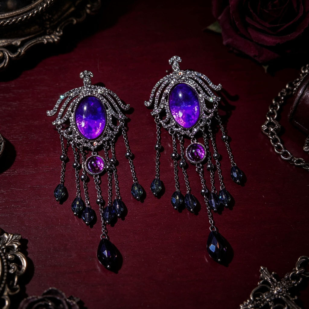 MourningGardenStudio Victorian Gothic Crystal Chandelier Tassel Earrings Purple