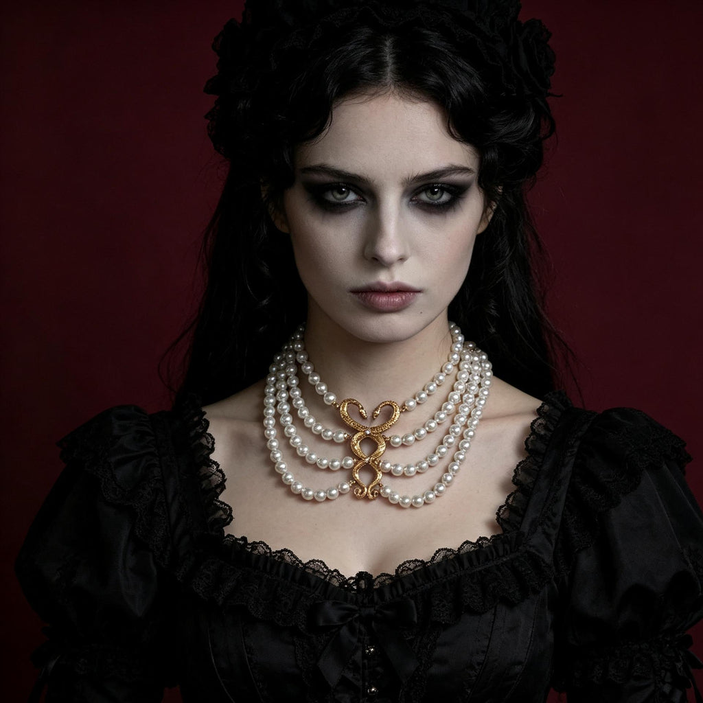 MourningGardenStudio Victorian Gothic Double Snake Pearl Choker