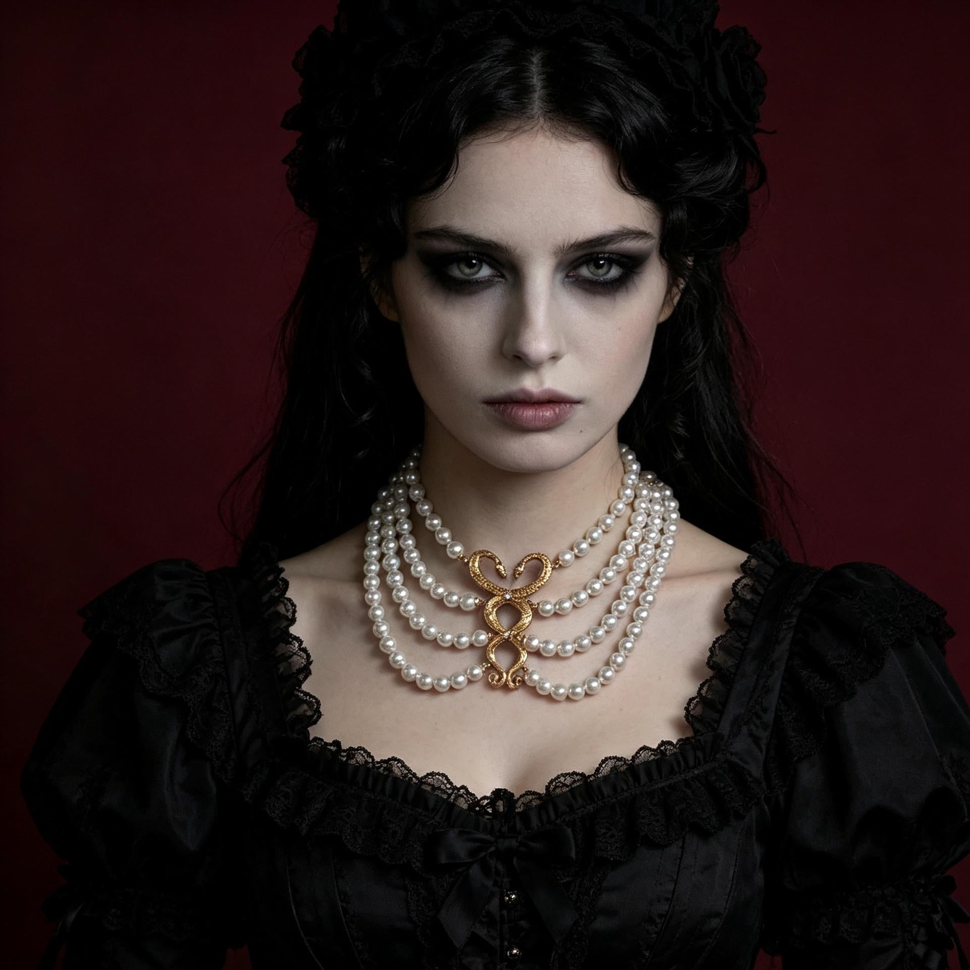 MourningGardenStudio Victorian Gothic Double Snake Pearl Choker