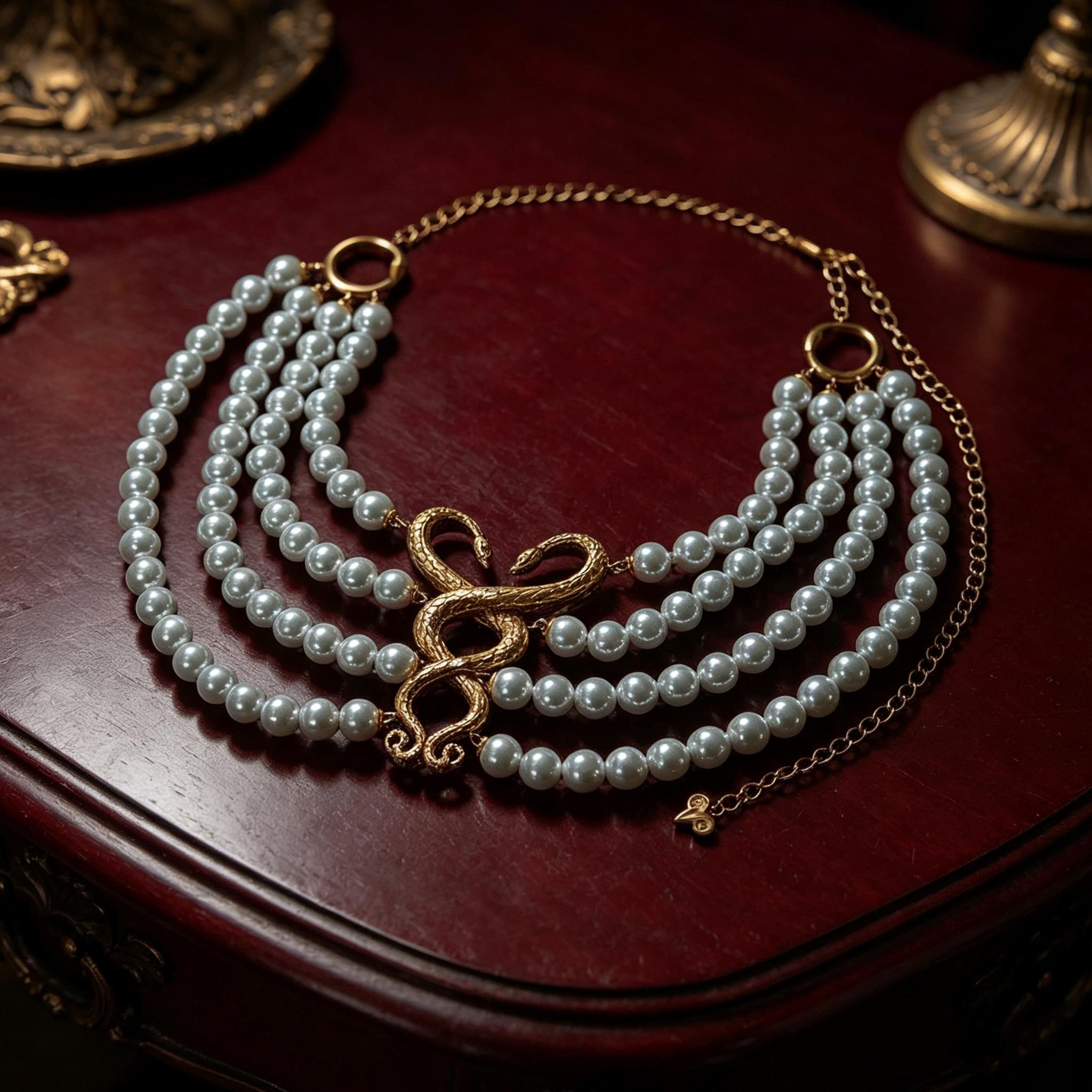 MourningGardenStudio Victorian Gothic Double Snake Pearl Choker