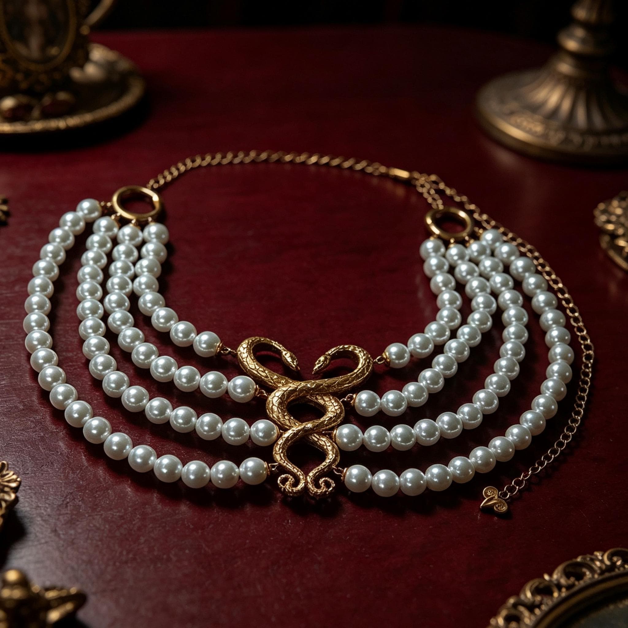 MourningGardenStudio Victorian Gothic Double Snake Pearl Choker