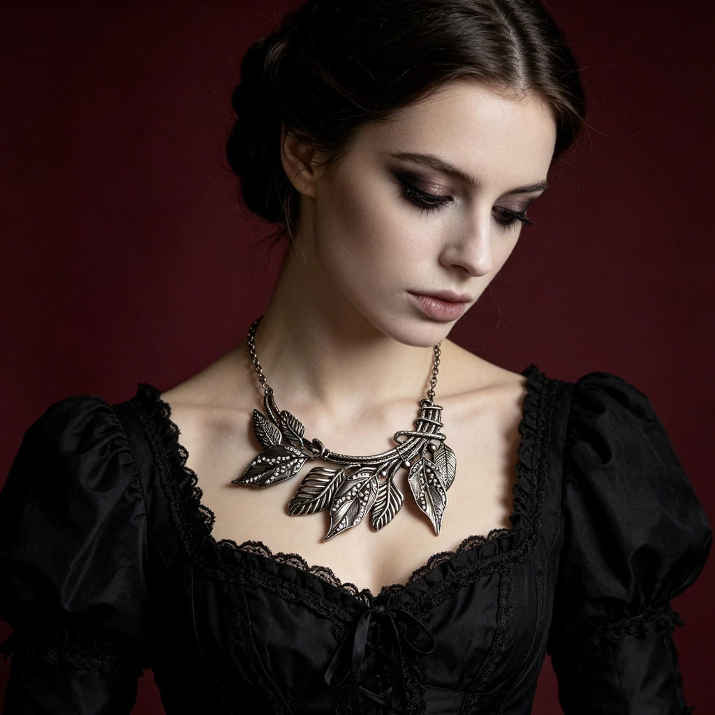 MourningGardenStudio Victorian Gothic Leaf Statement Necklace Antique Bronze