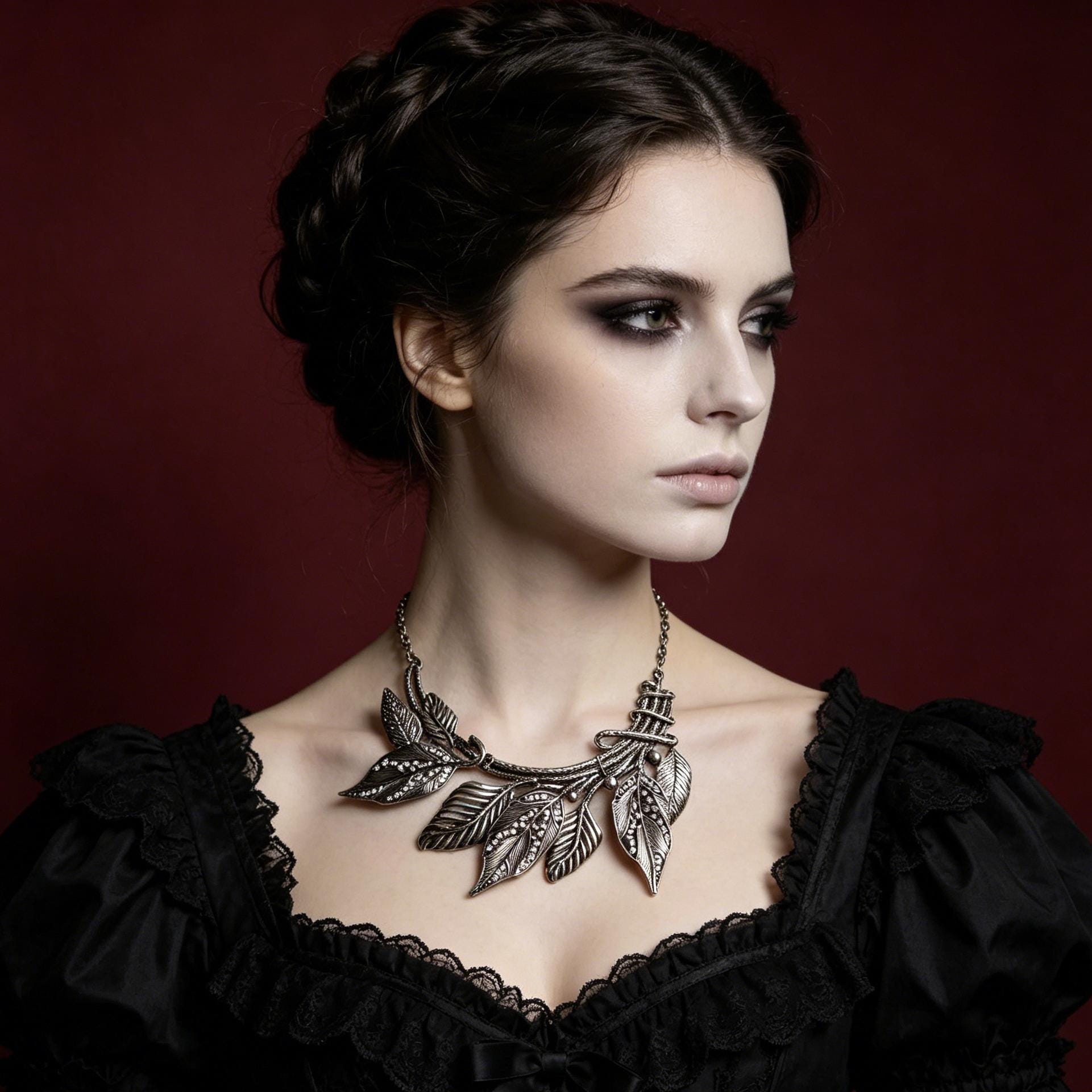 MourningGardenStudio Victorian Gothic Leaf Statement Necklace Antique Bronze
