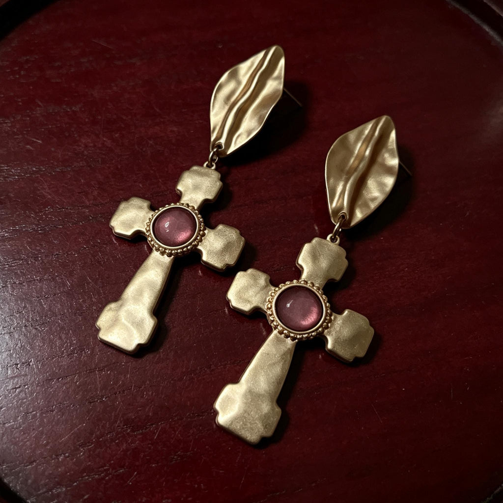 MourningGardenStudio Victorian Gothic Cross Drop Earrings Antique Gold Ruby