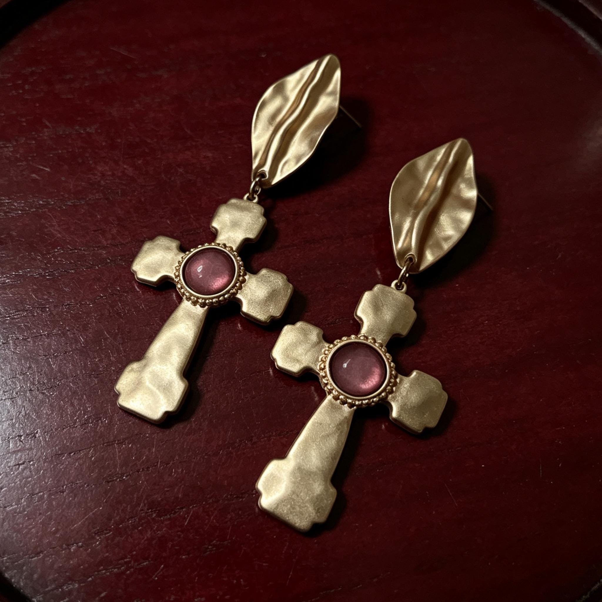 MourningGardenStudio Victorian Gothic Cross Drop Earrings Antique Gold Ruby