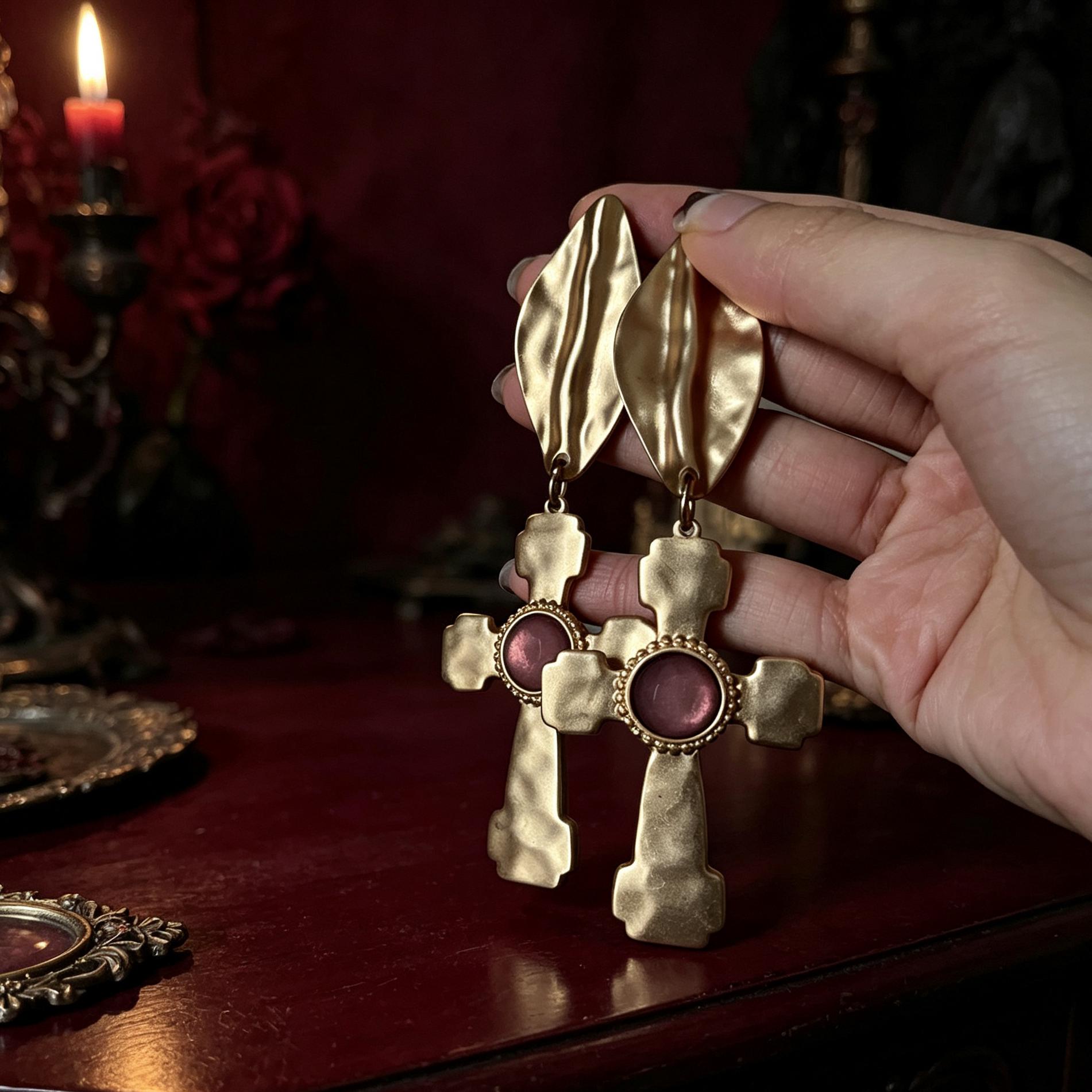 MourningGardenStudio Victorian Gothic Cross Drop Earrings Antique Gold Ruby