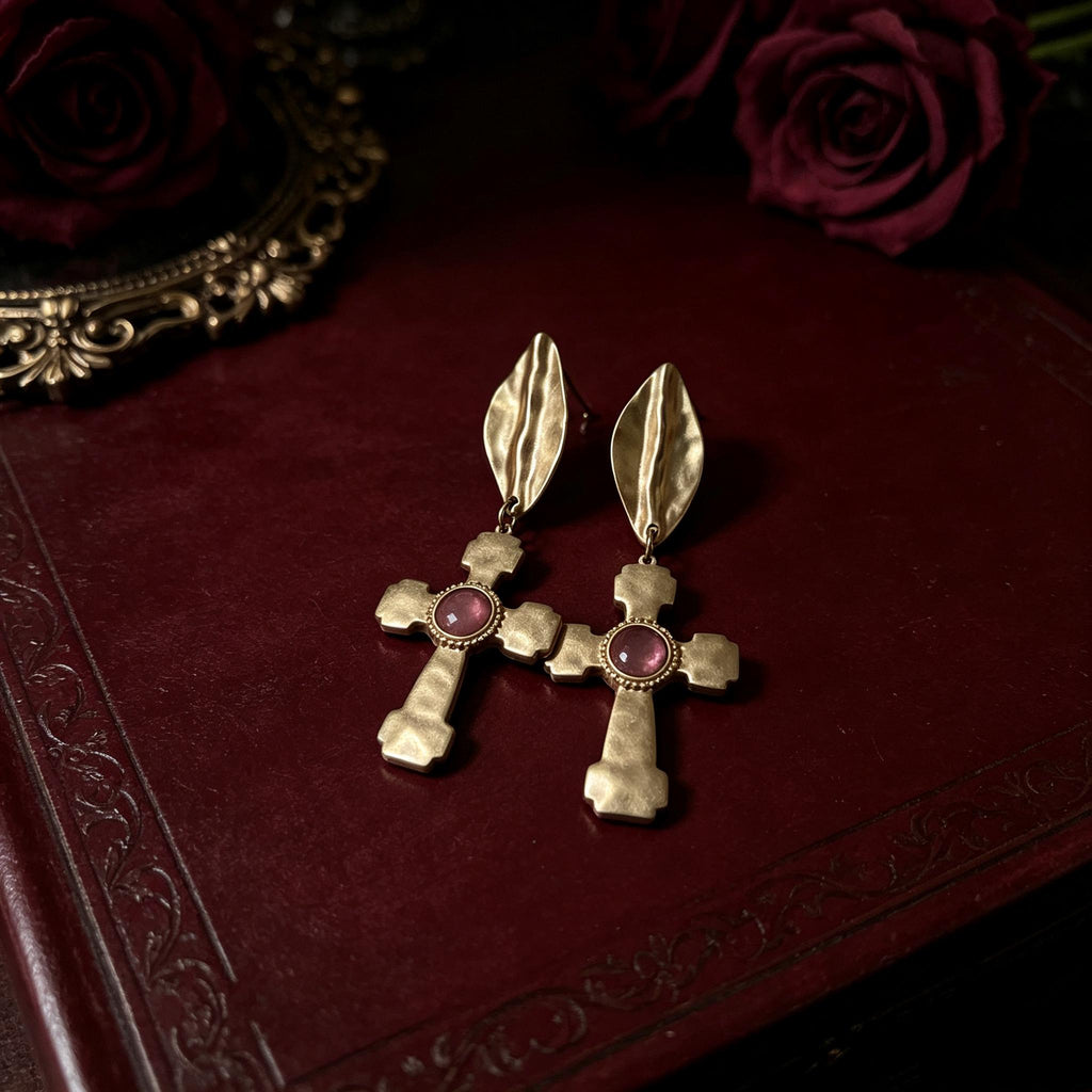 MourningGardenStudio Victorian Gothic Cross Drop Earrings Antique Gold Ruby