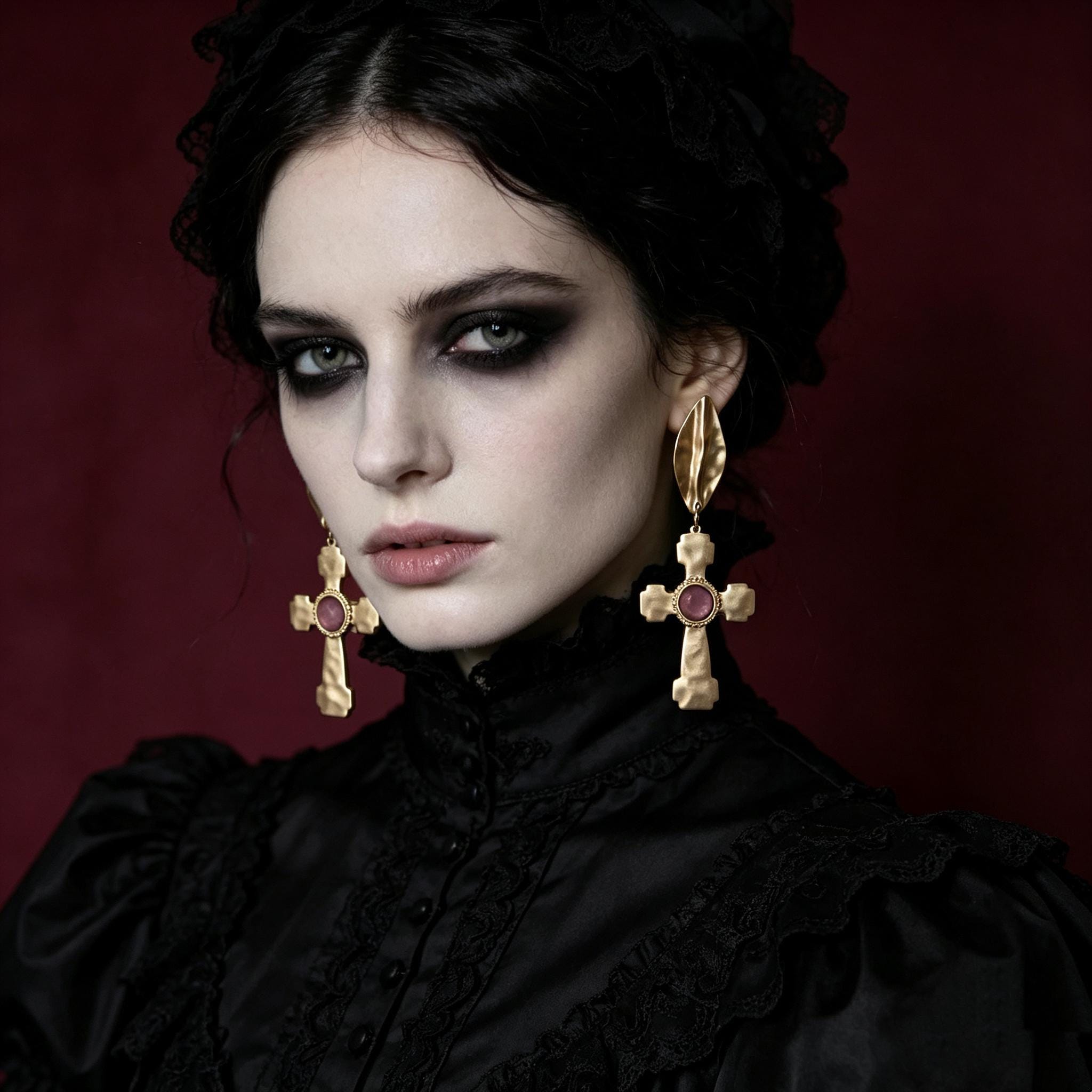 MourningGardenStudio Victorian Gothic Cross Drop Earrings Antique Gold Ruby