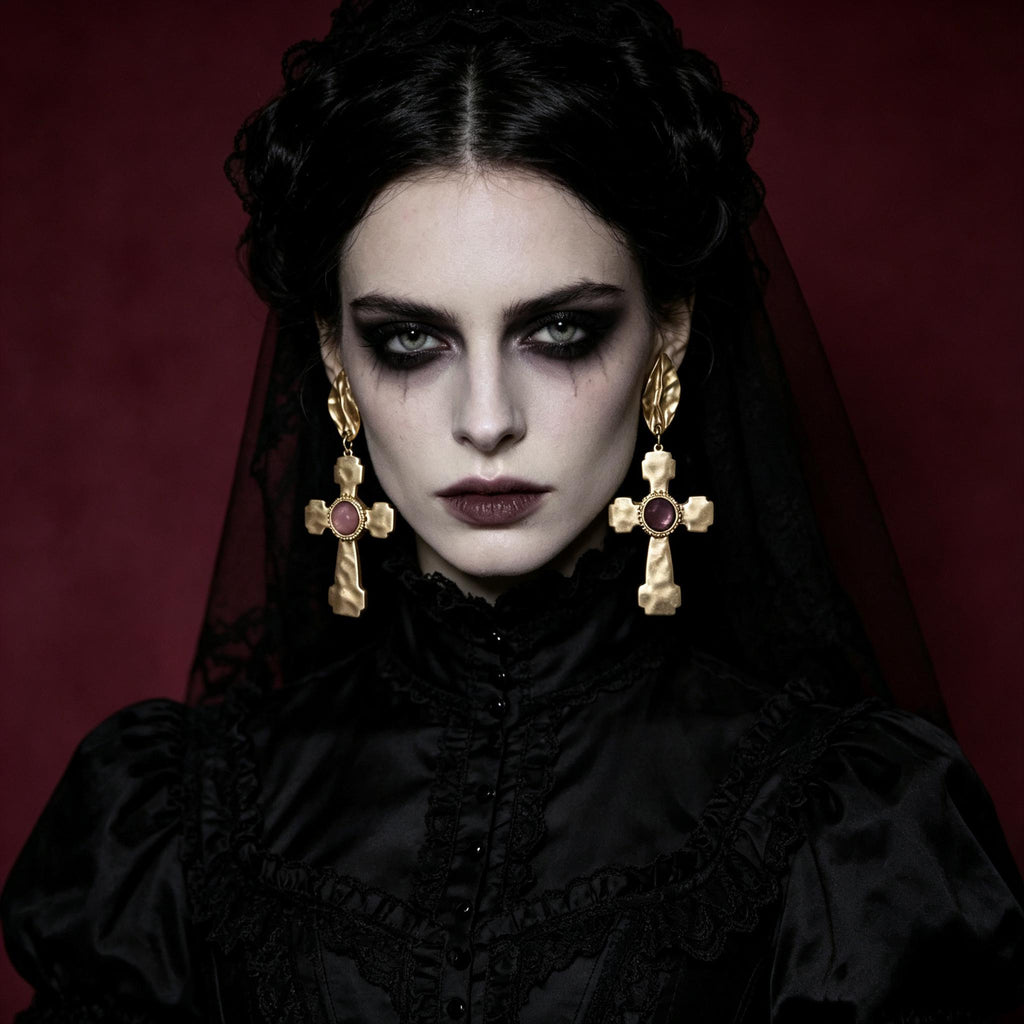MourningGardenStudio Victorian Gothic Cross Drop Earrings Antique Gold Ruby