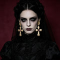 MourningGardenStudio Victorian Gothic Cross Drop Earrings Antique Gold Ruby