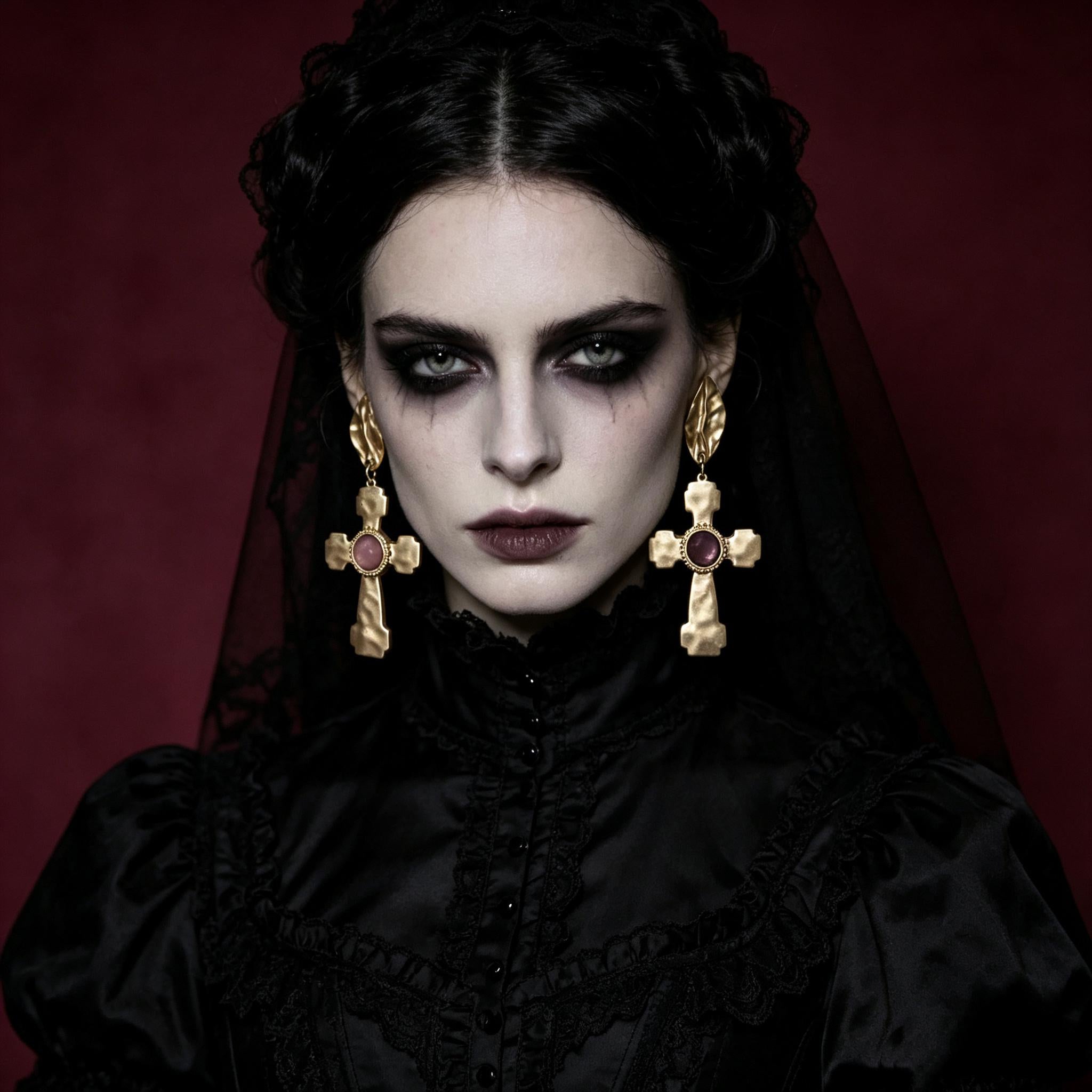 MourningGardenStudio Victorian Gothic Cross Drop Earrings Antique Gold Ruby