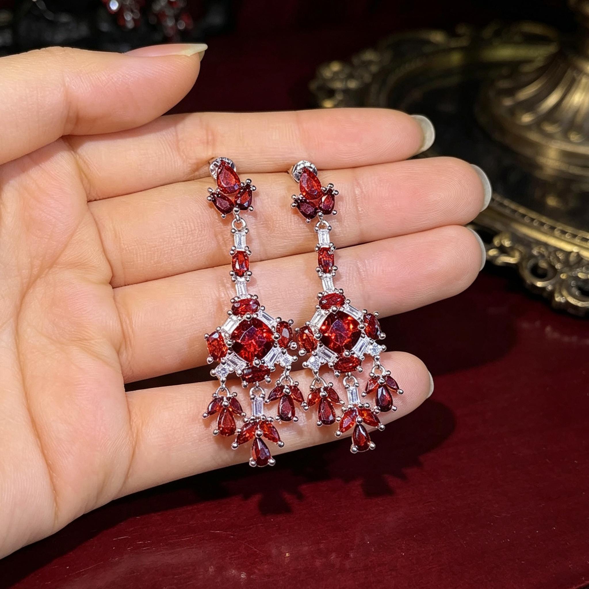Victorian Ruby Chandelier Earrings Gothic Blood Red Crystal Drops