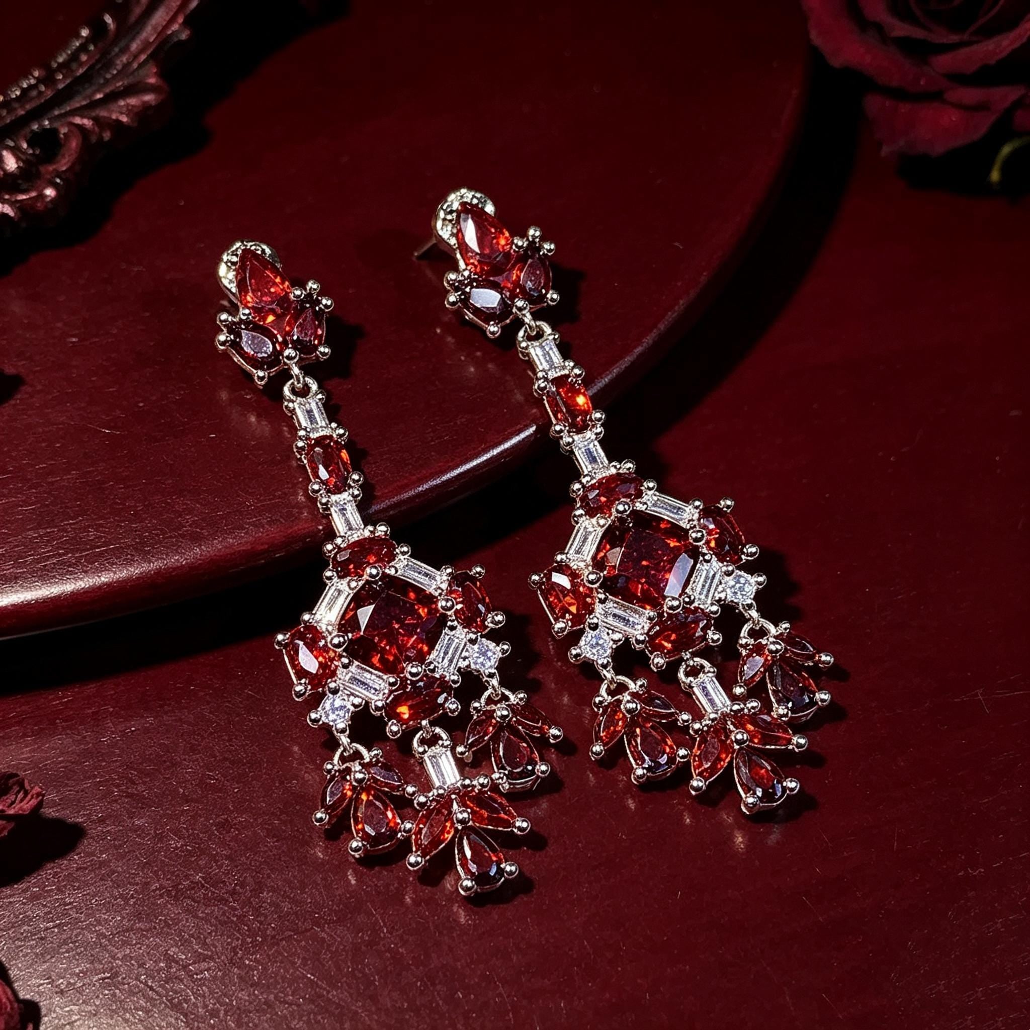 Victorian Ruby Chandelier Earrings Gothic Blood Red Crystal Drops