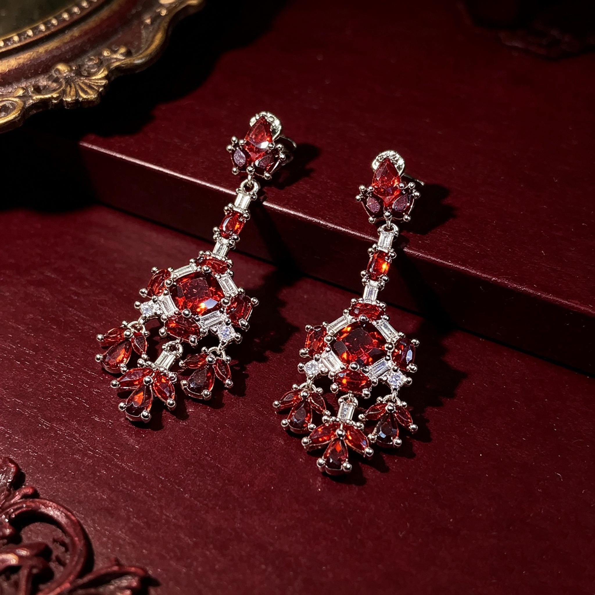 Victorian Ruby Chandelier Earrings Gothic Blood Red Crystal Drops