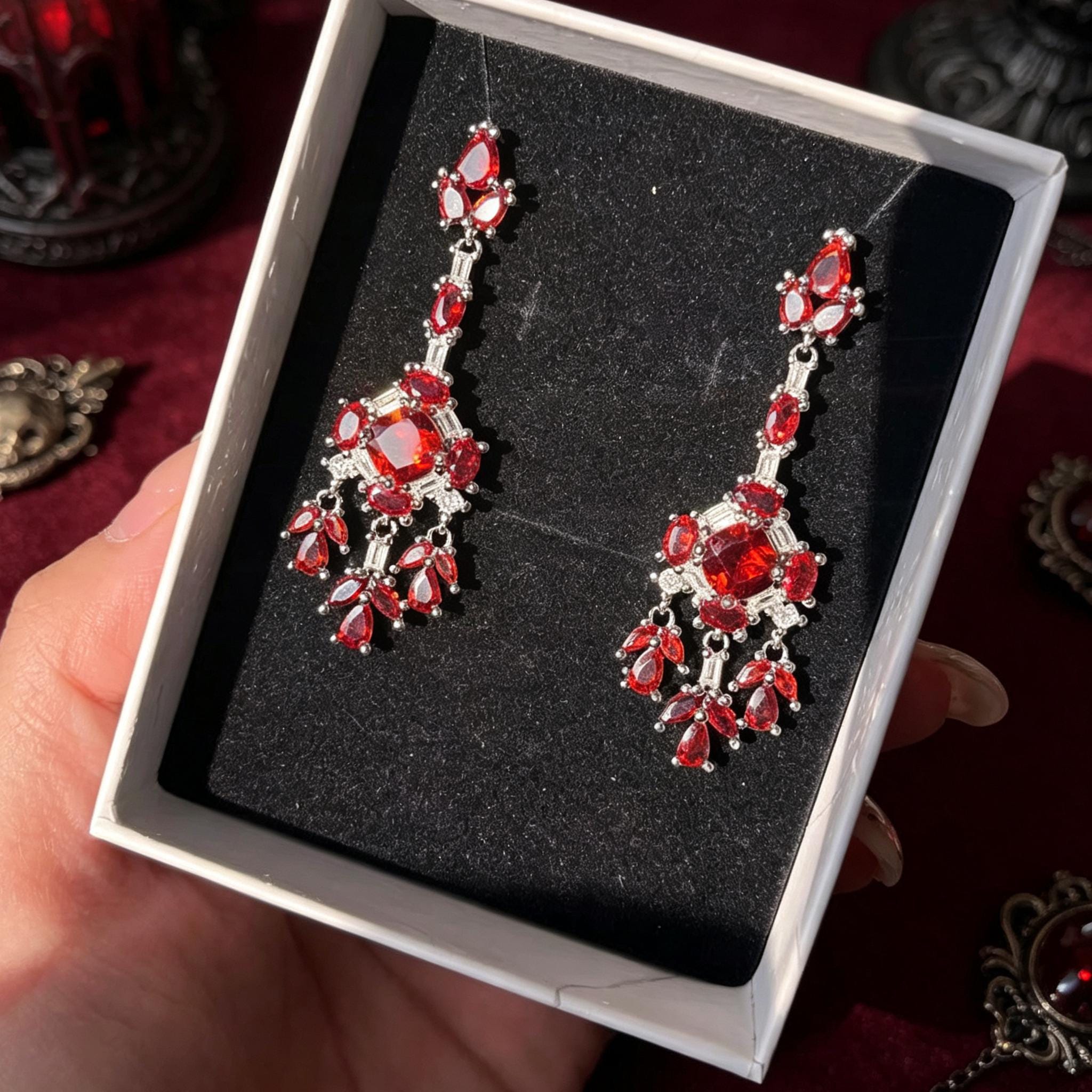 Victorian Ruby Chandelier Earrings Gothic Blood Red Crystal Drops