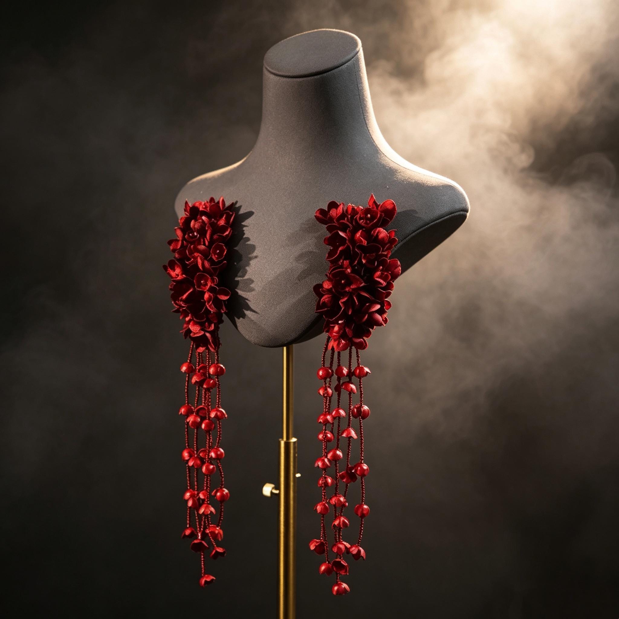 Handmade Red Flower Earrings Dramatic Tassel Drops For Vampire Bride Gothic Style