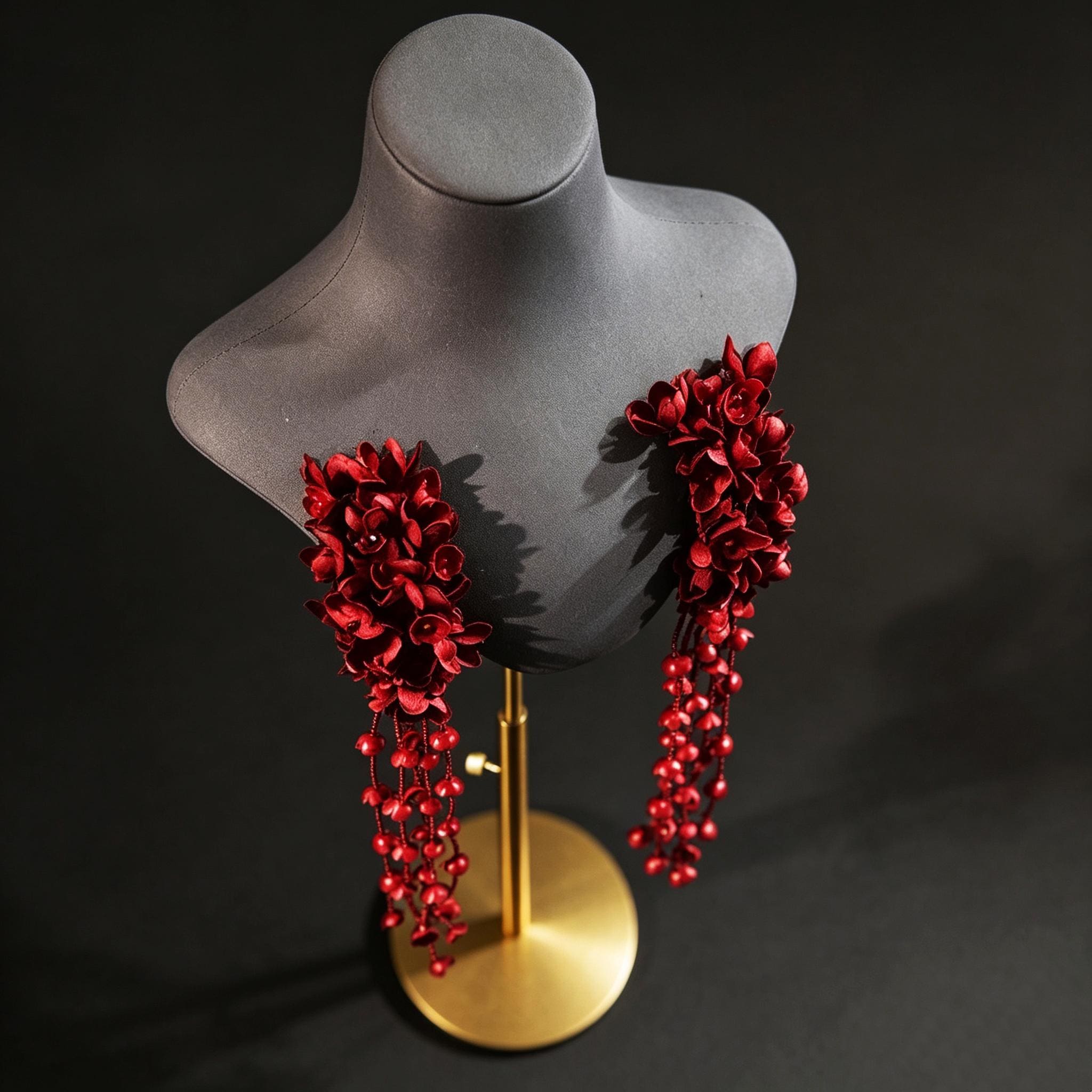 Handmade Red Flower Earrings Dramatic Tassel Drops For Vampire Bride Gothic Style