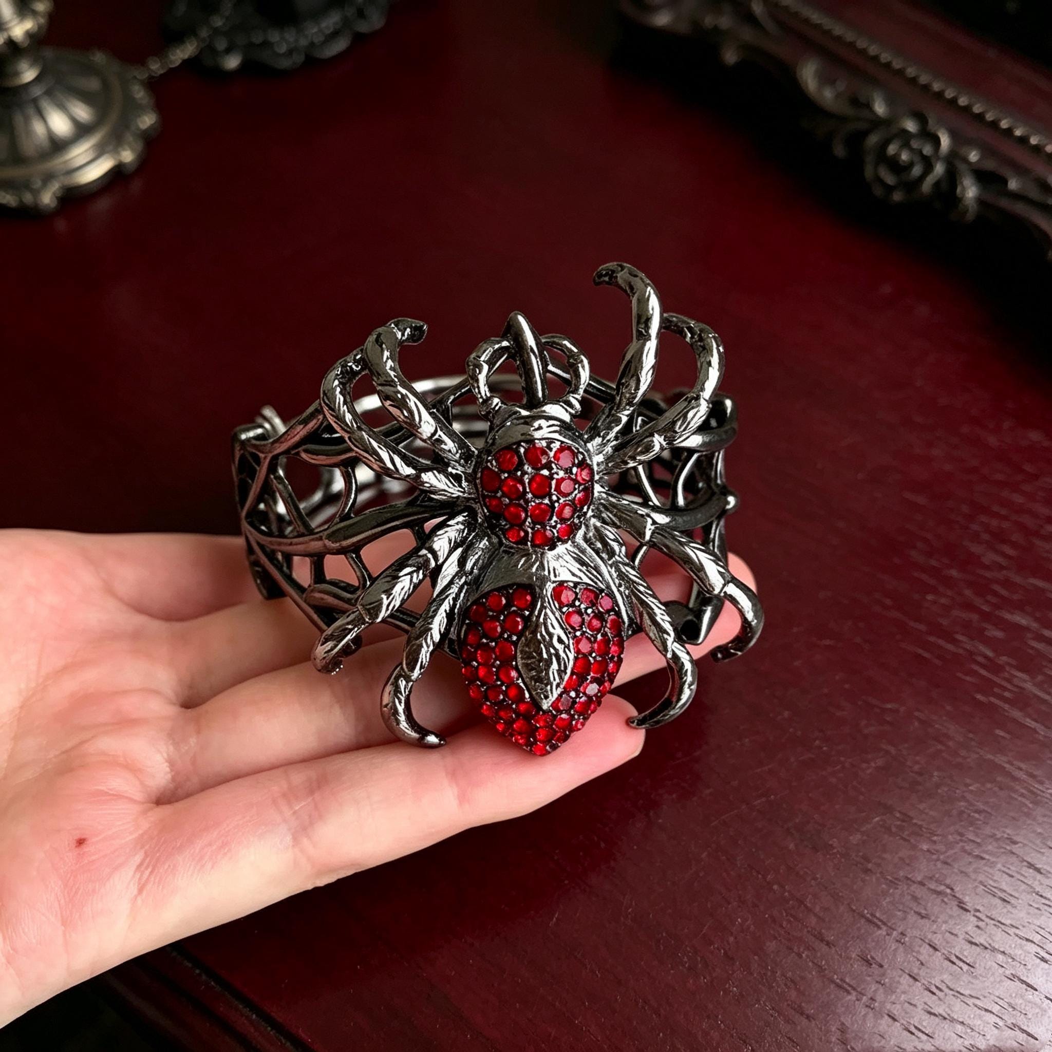 Gothic Spider Cuff Bracelet Gunmetal Rhinestone Vampire Jewelry Dark Romance